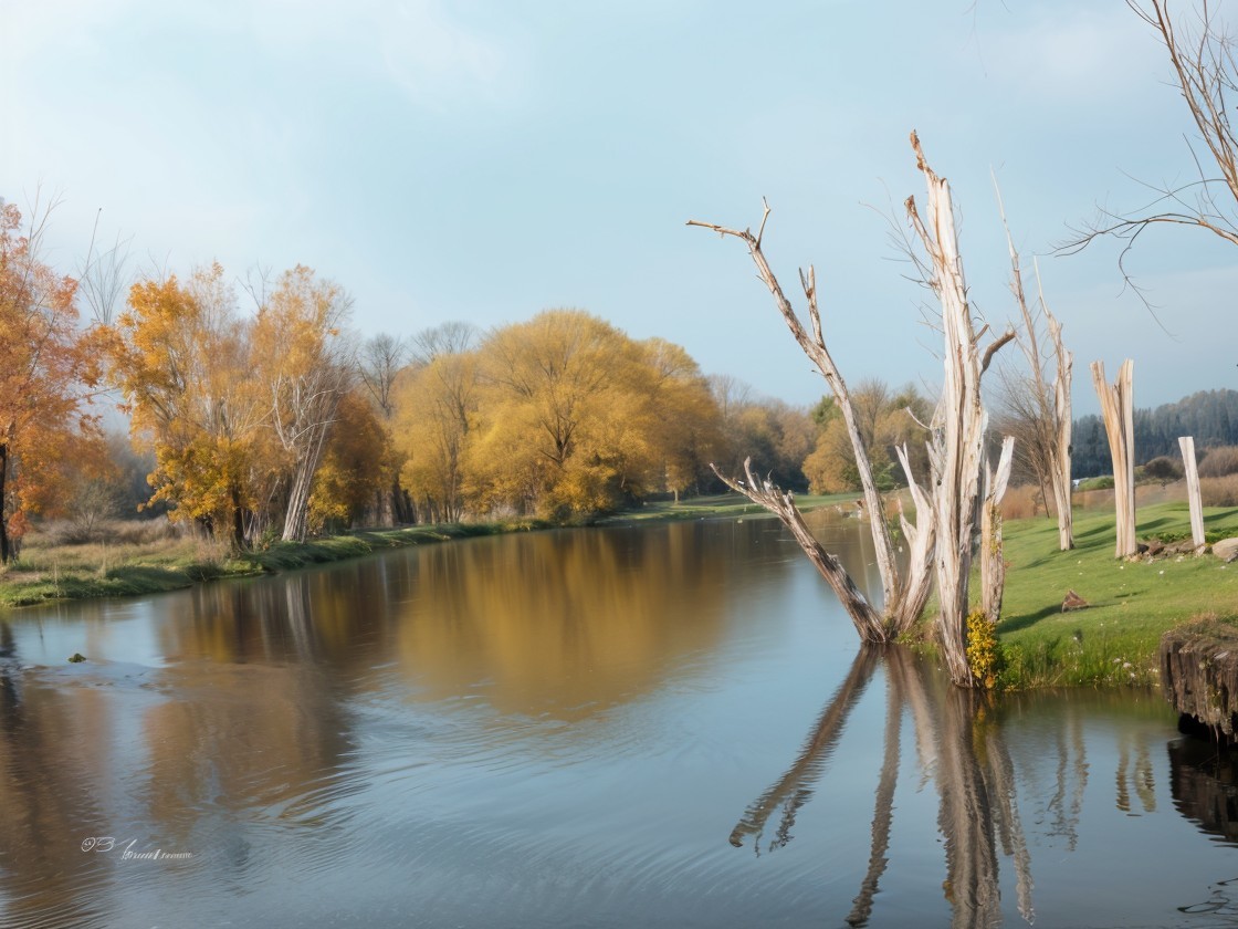 Serene Autumn Landscape with Calm River and Trees