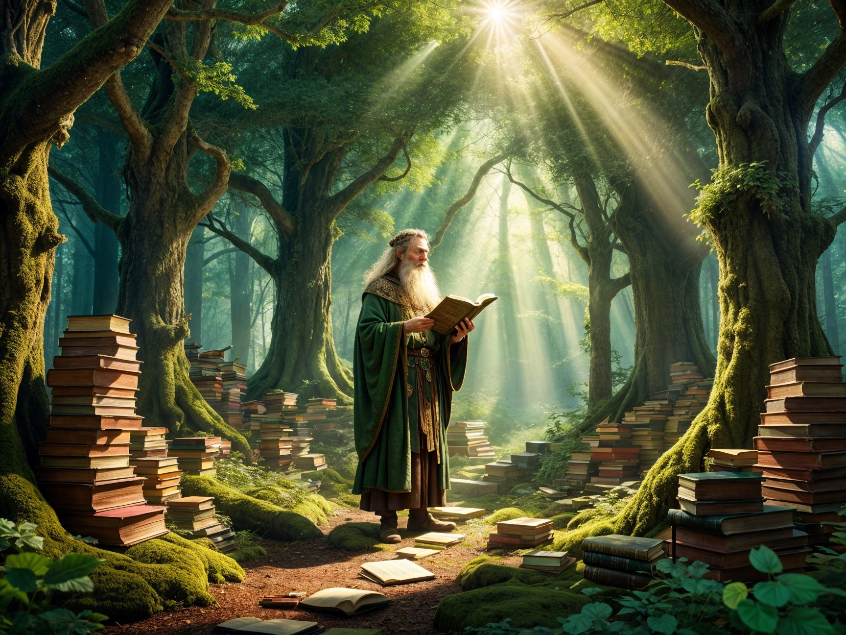 Wise Wizard in a Sunlit Mystical Forest Setting