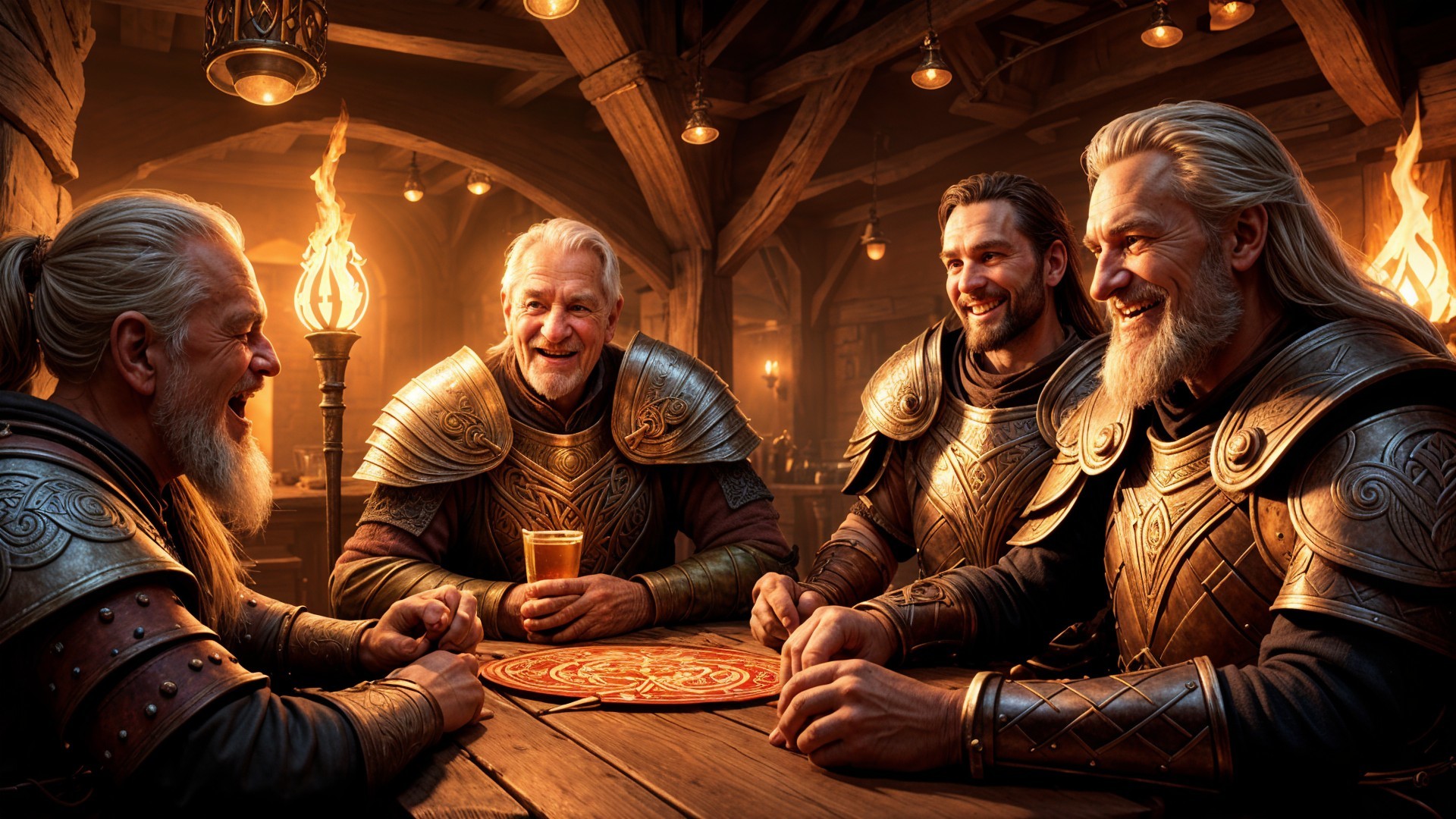 Armored Warriors Sharing Stories in a Cozy Tavern