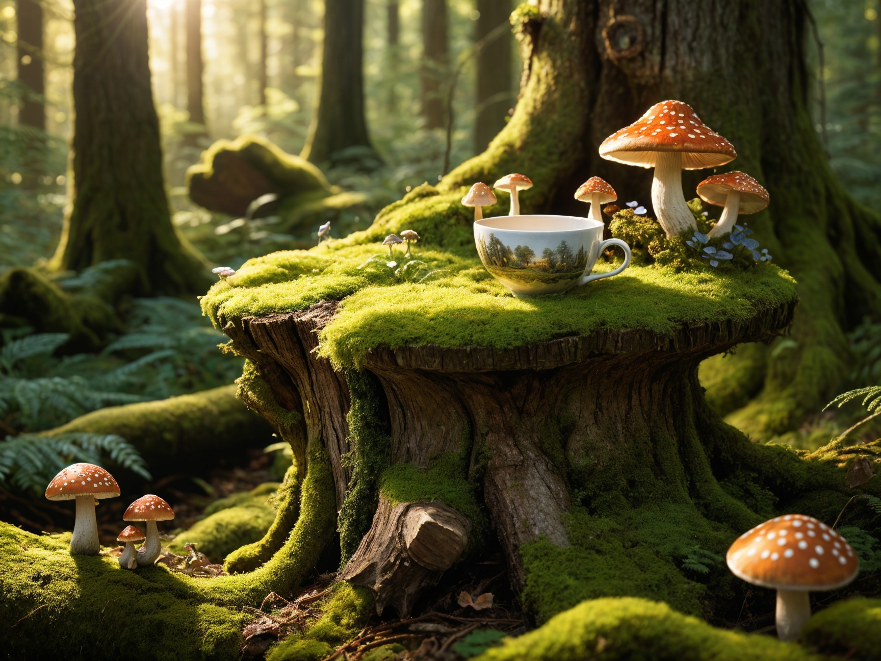 Moss-Covered Stump with Mushrooms and Teacup in Forest