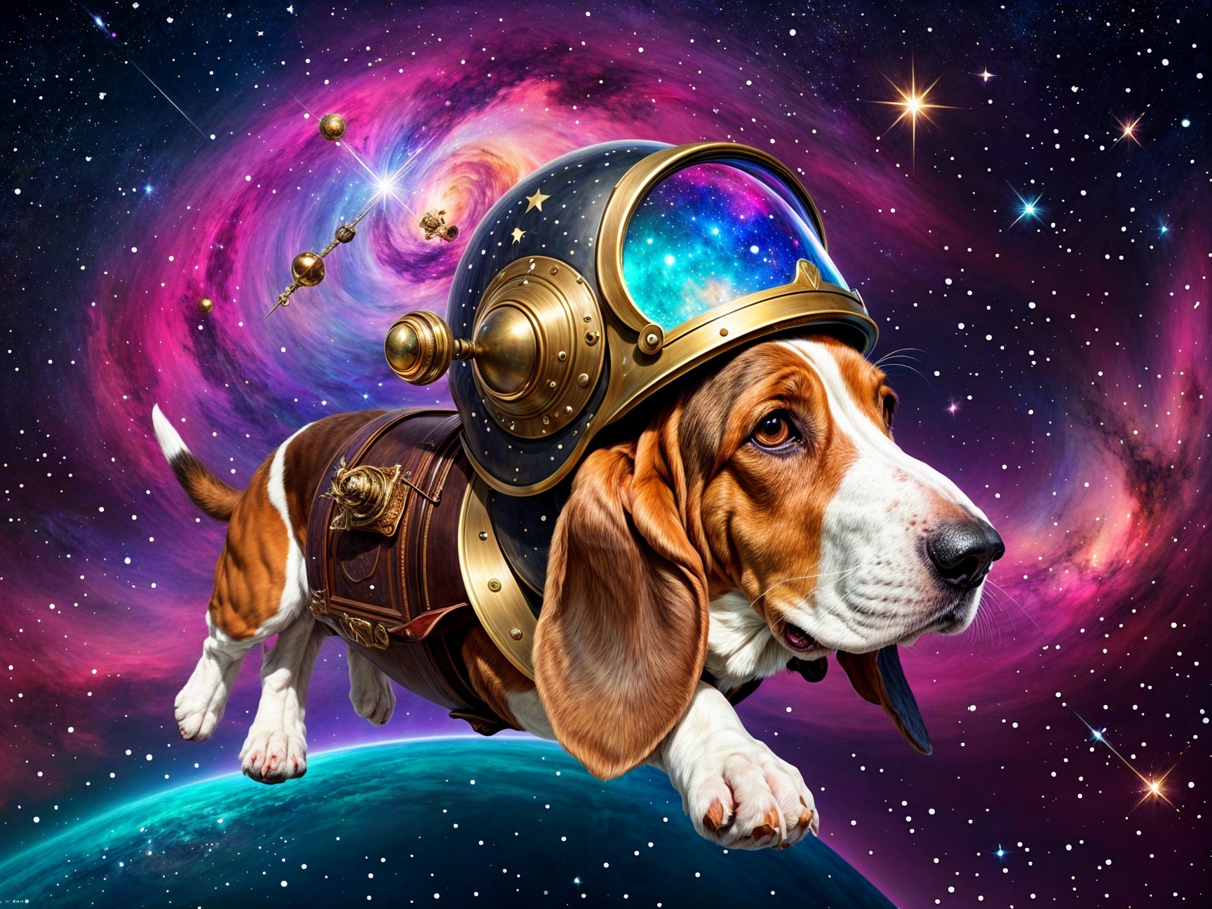 Basset Hound in Vintage Astronaut Helmet in Space