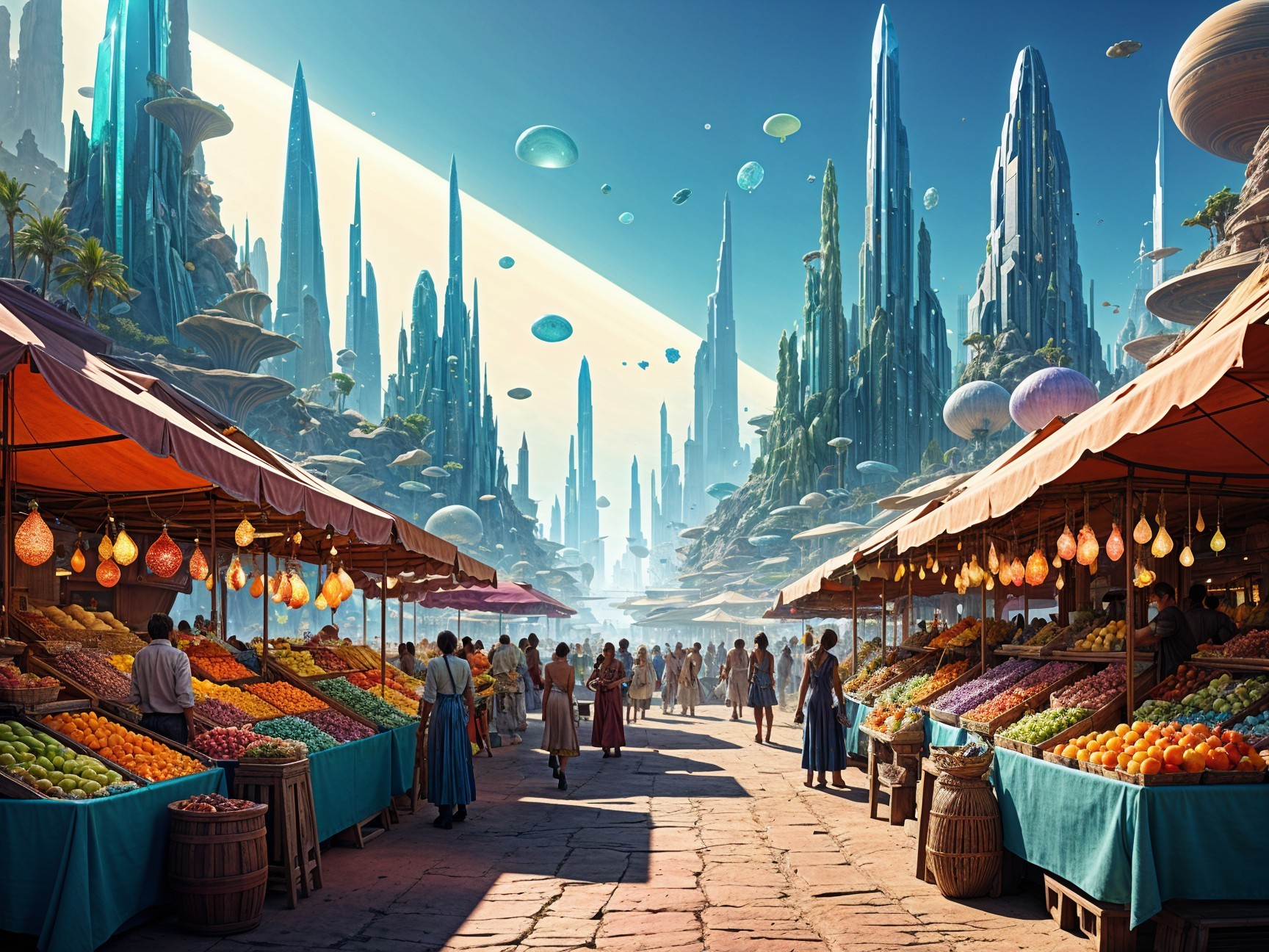 Futuristic market with crystal structures and vibrant stalls