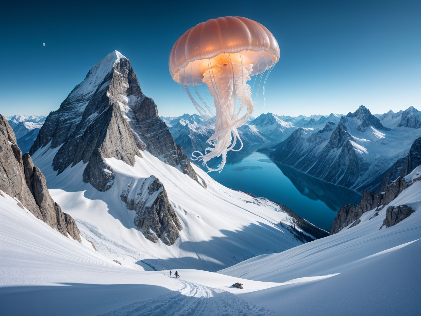 Alpine Landscape with Jellyfish Over Mountain Lake