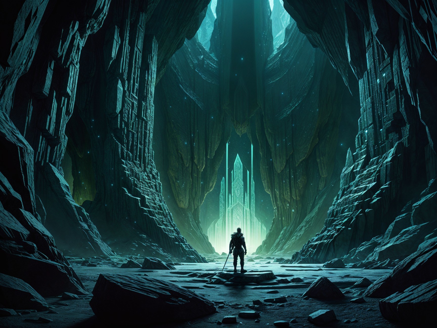 Lone Figure in an Ethereal Cavern with Crystal Structure
