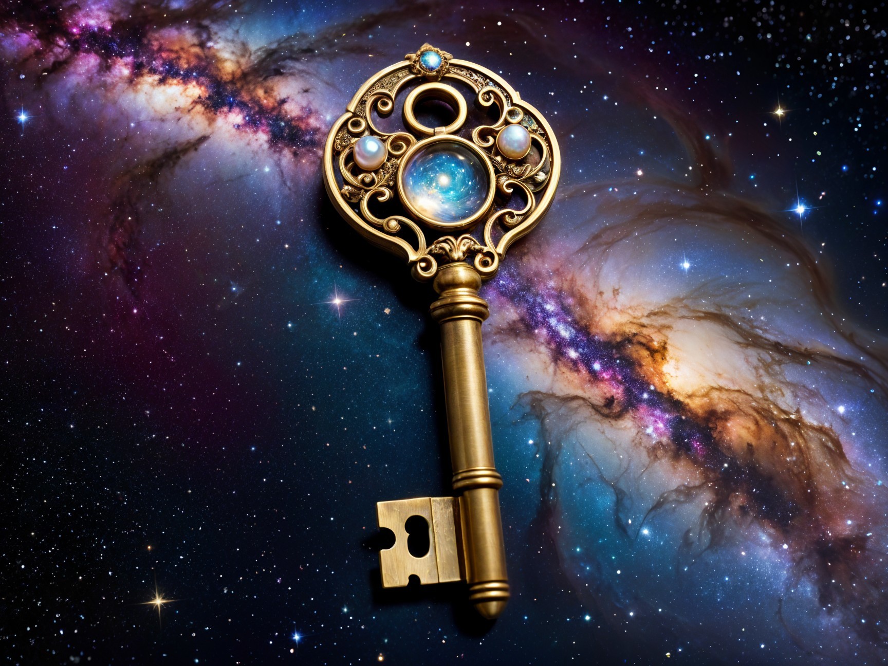 Ornate Golden Key with Gemstones in Cosmic Background