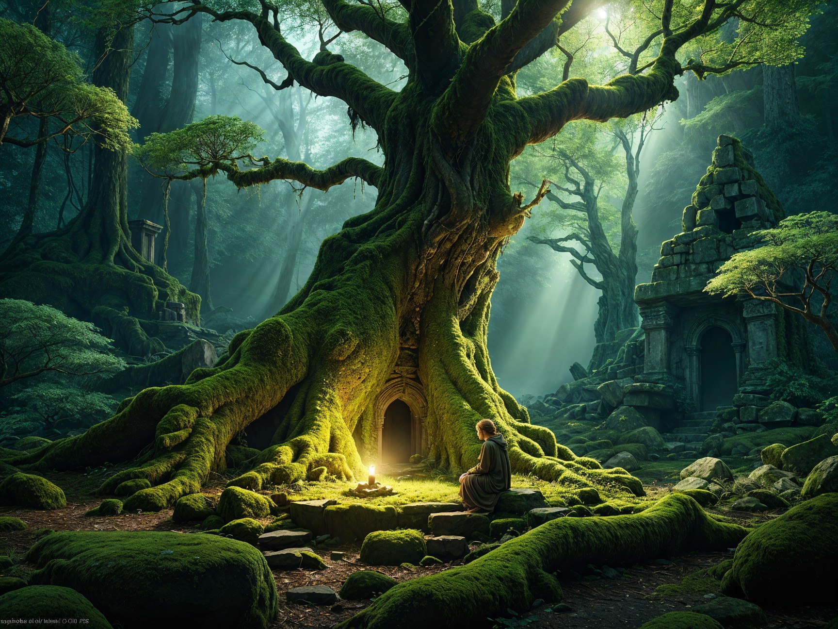 Ancient Tree and Ruins in a Mystical Forest Setting