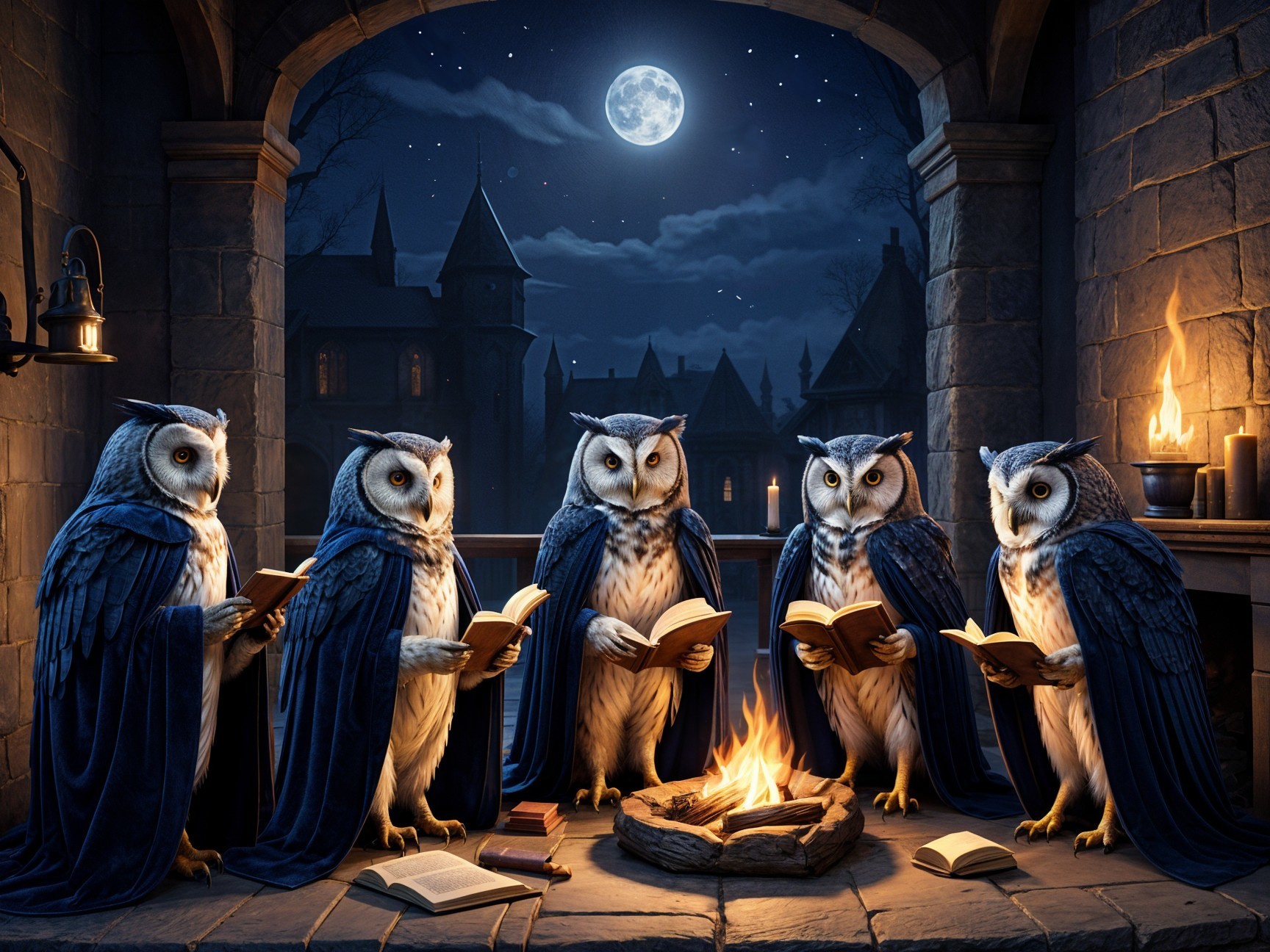 Owls in Blue Cloaks Gather by Campfire at Night