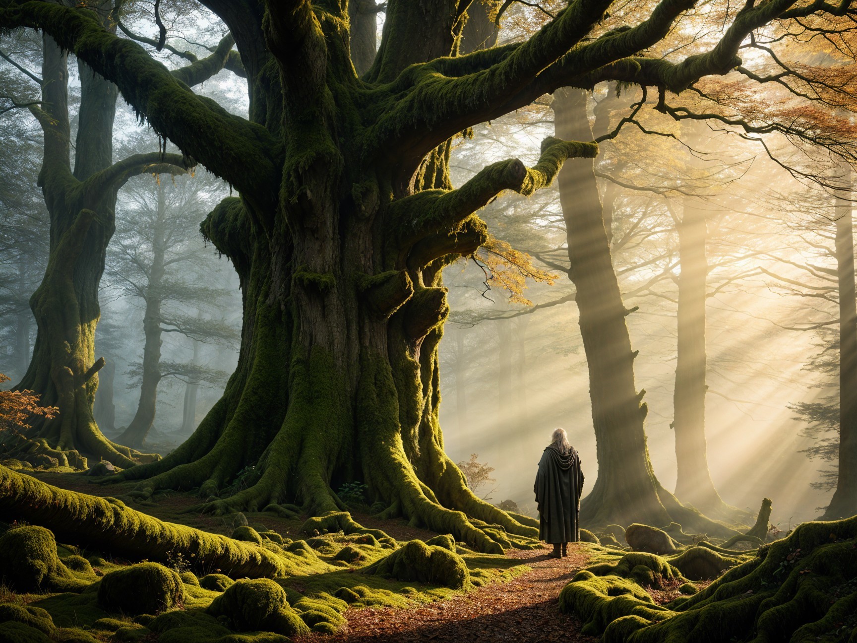 Ancient Tree in Serene Misty Forest Setting