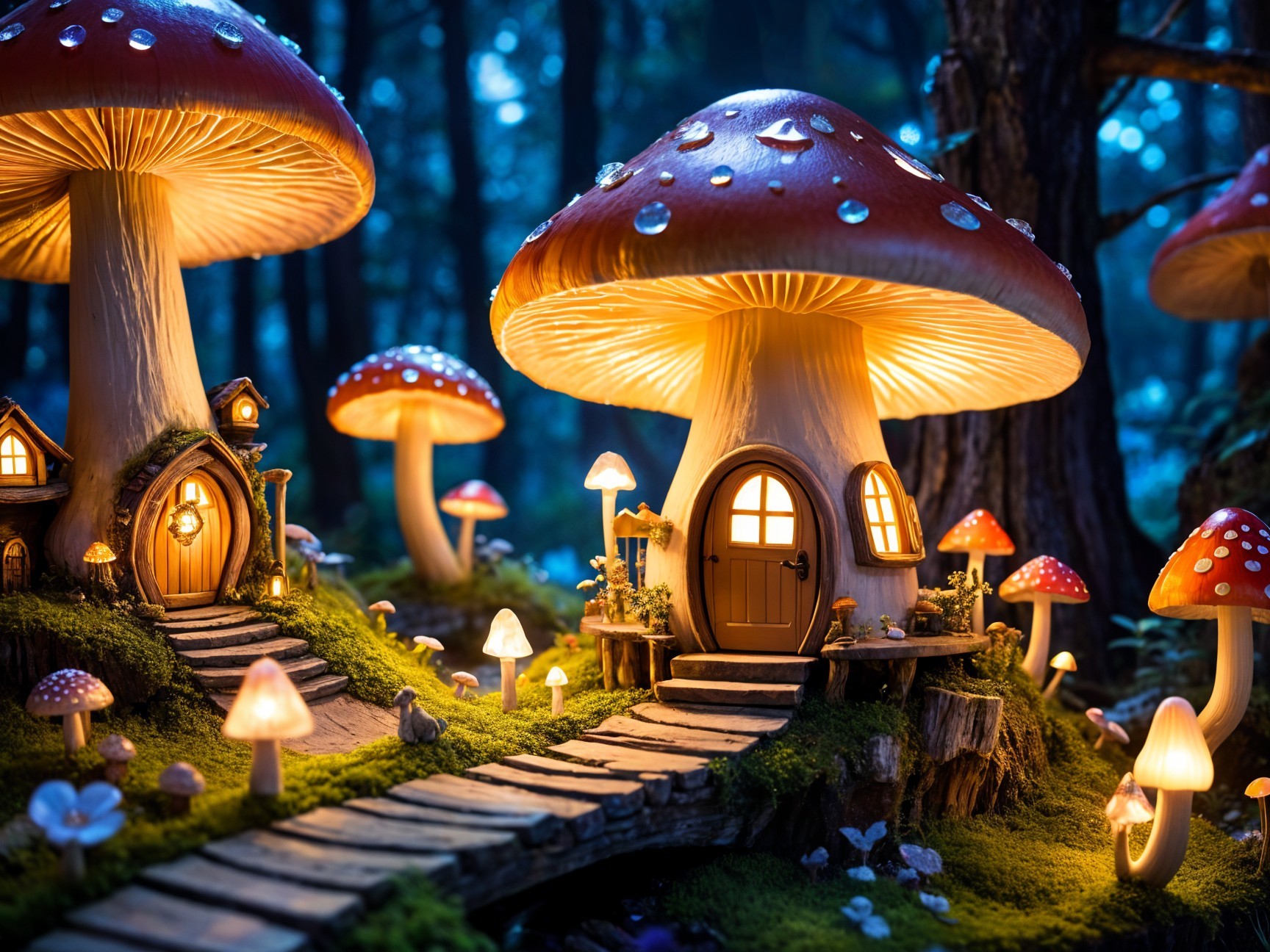 Whimsical Mushroom Houses in a Twilight Forest