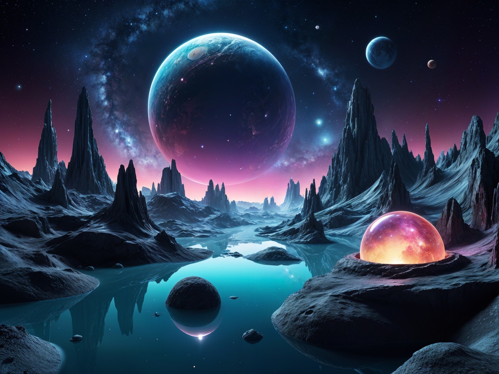 Surreal Alien Landscape with Mountains and Water