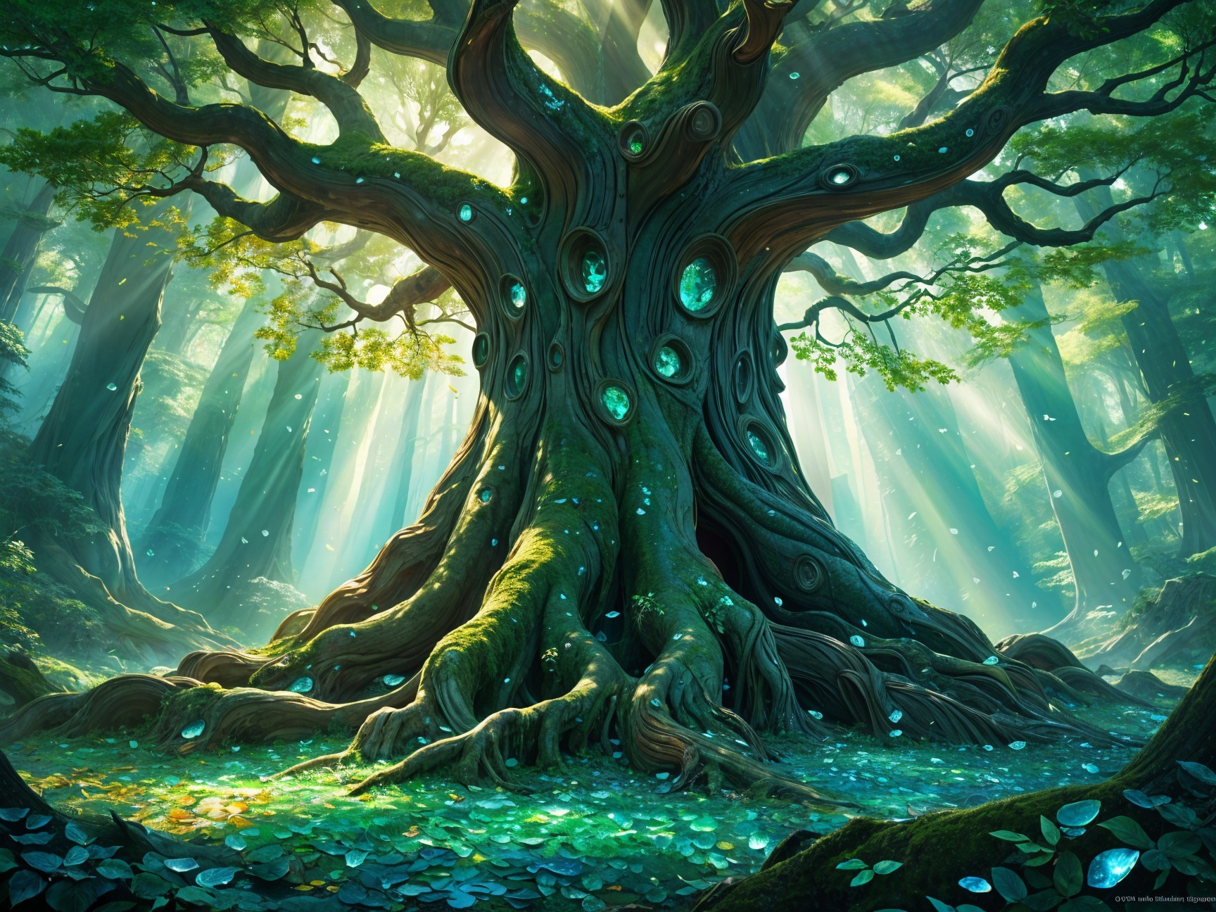 Ancient Tree with Gemstone Adornments in Forest