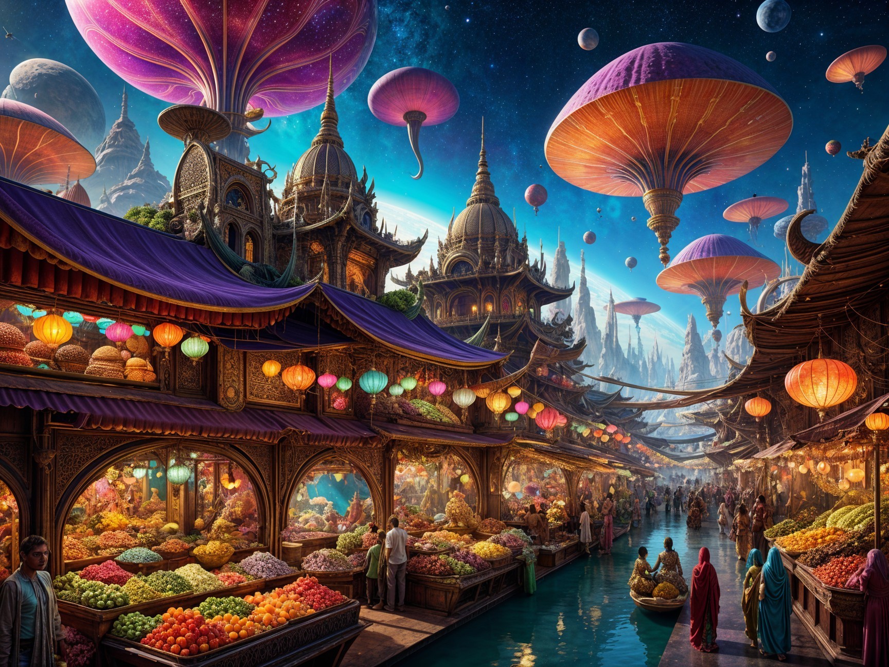 Vibrant Market Scene with Exotic Goods and Lanterns