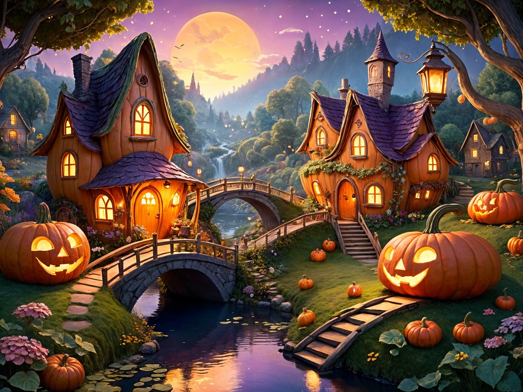Whimsical Landscape with Cottages and Golden Moon