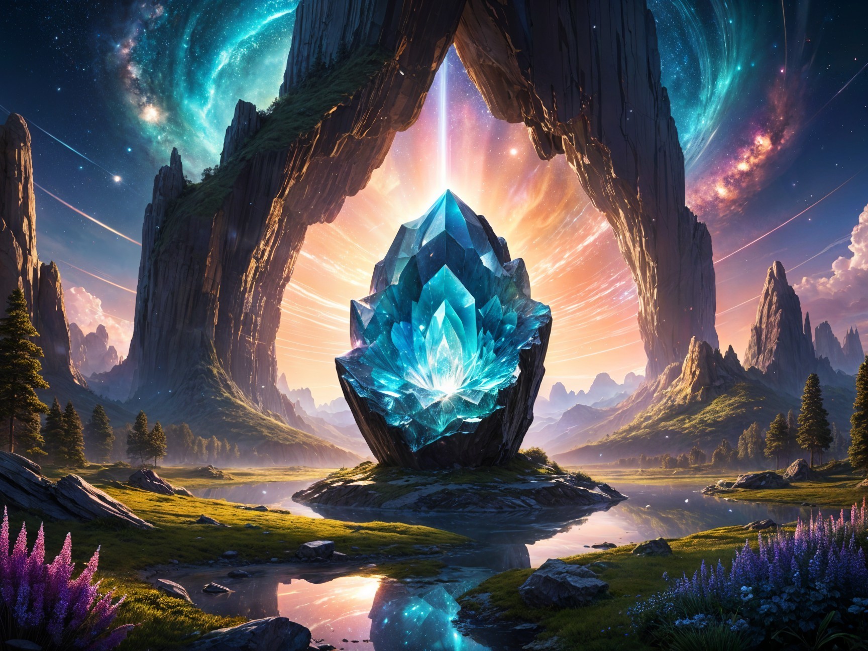 Majestic Crystal in Serene Landscape with Cosmic Sky