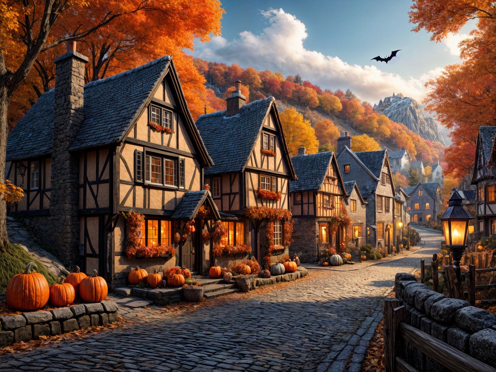 Autumn Village with Colorful Foliage and Timber Houses