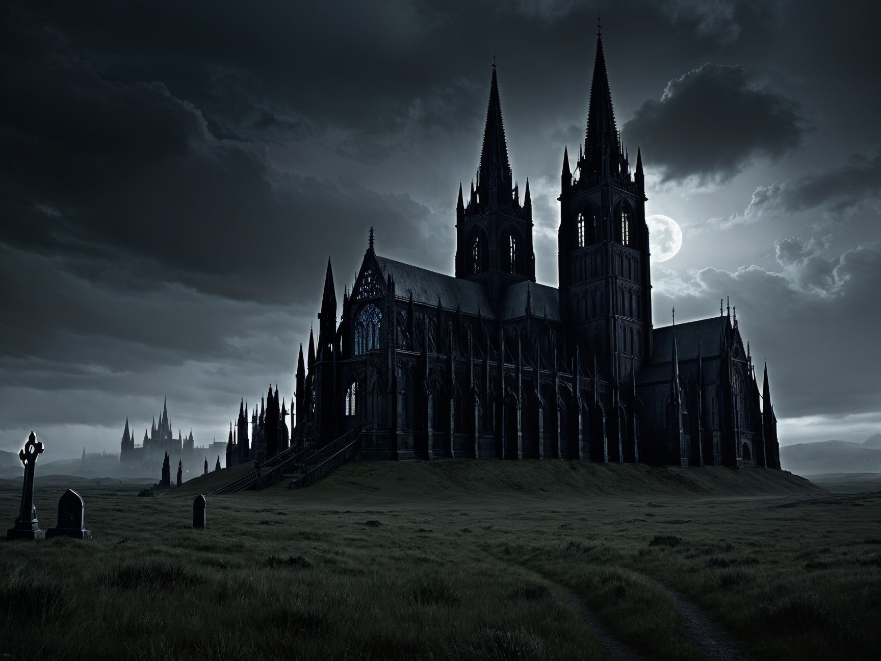 Gothic Cathedral Under Moonlit Sky with Grave Markers