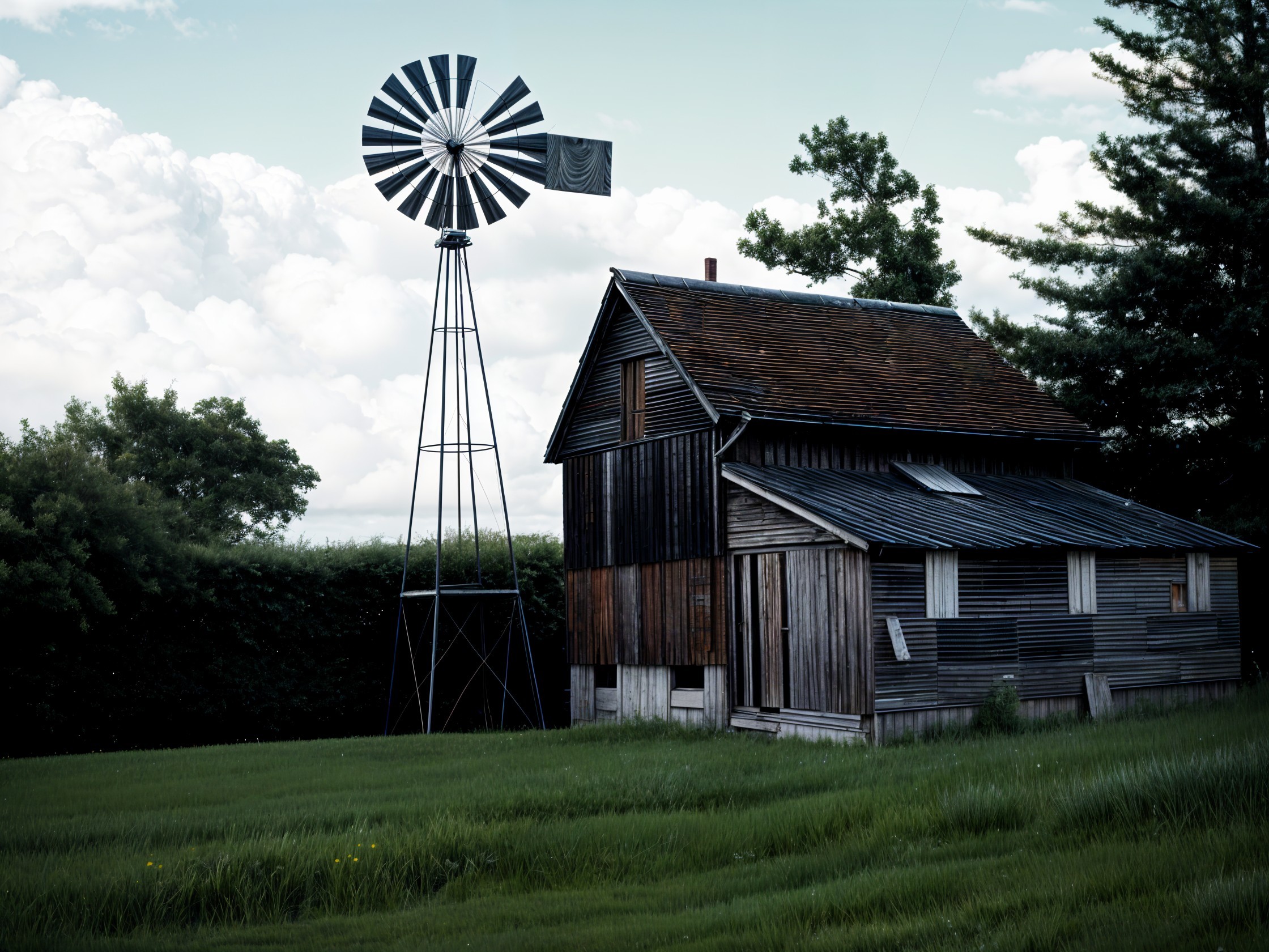 Rustic farmhouse with windmill in serene countryside