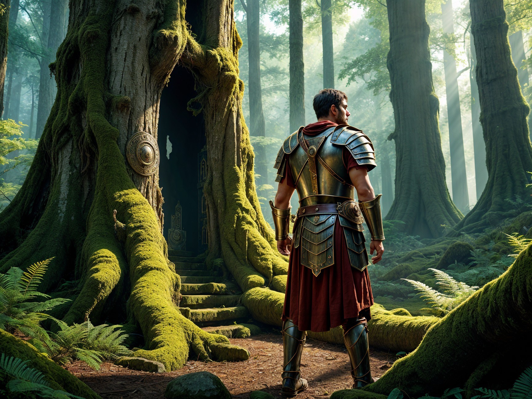 Heroic figure in ornate armor in ancient forest setting