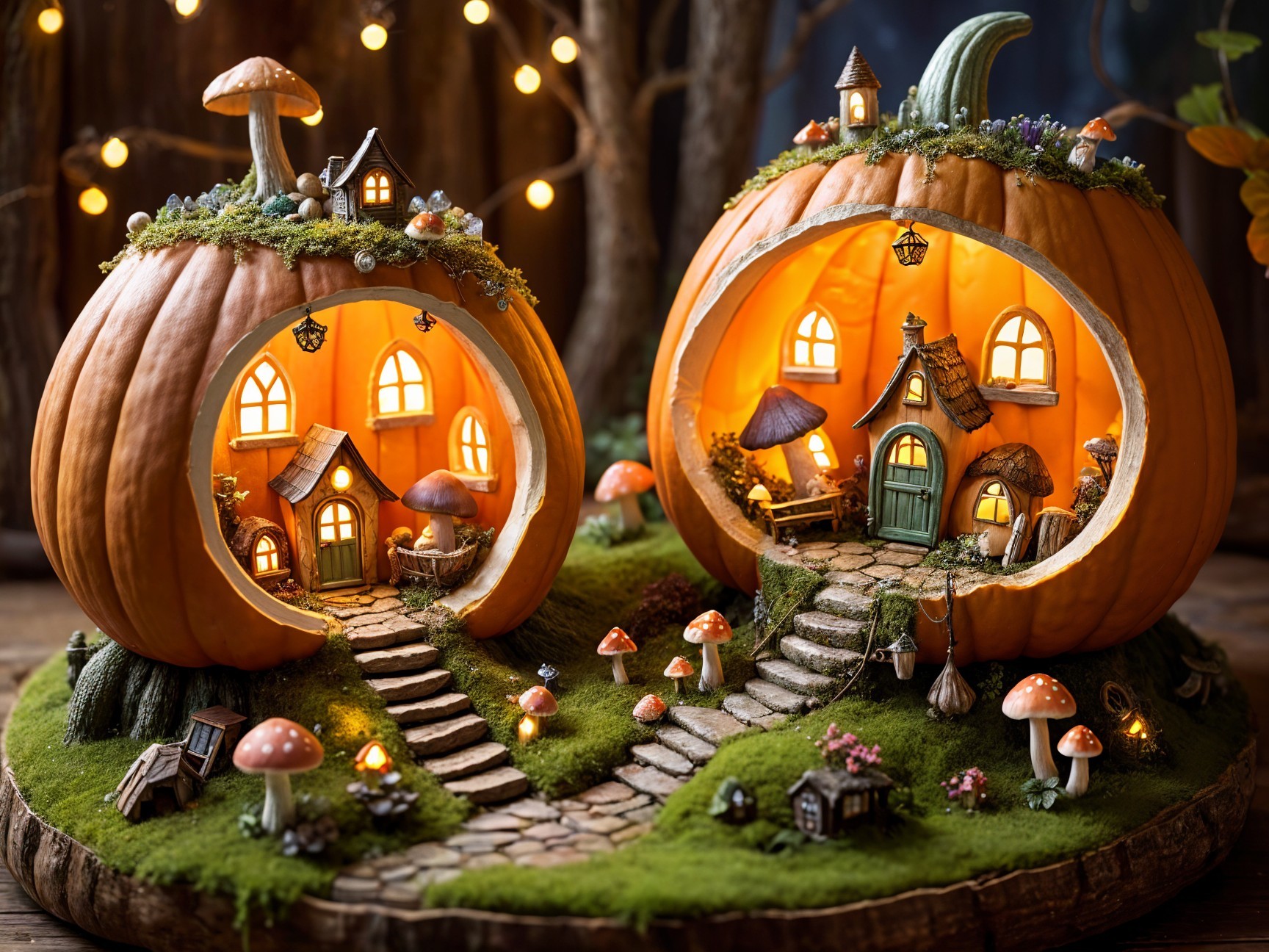 Whimsical Carved Pumpkins with Miniature Houses