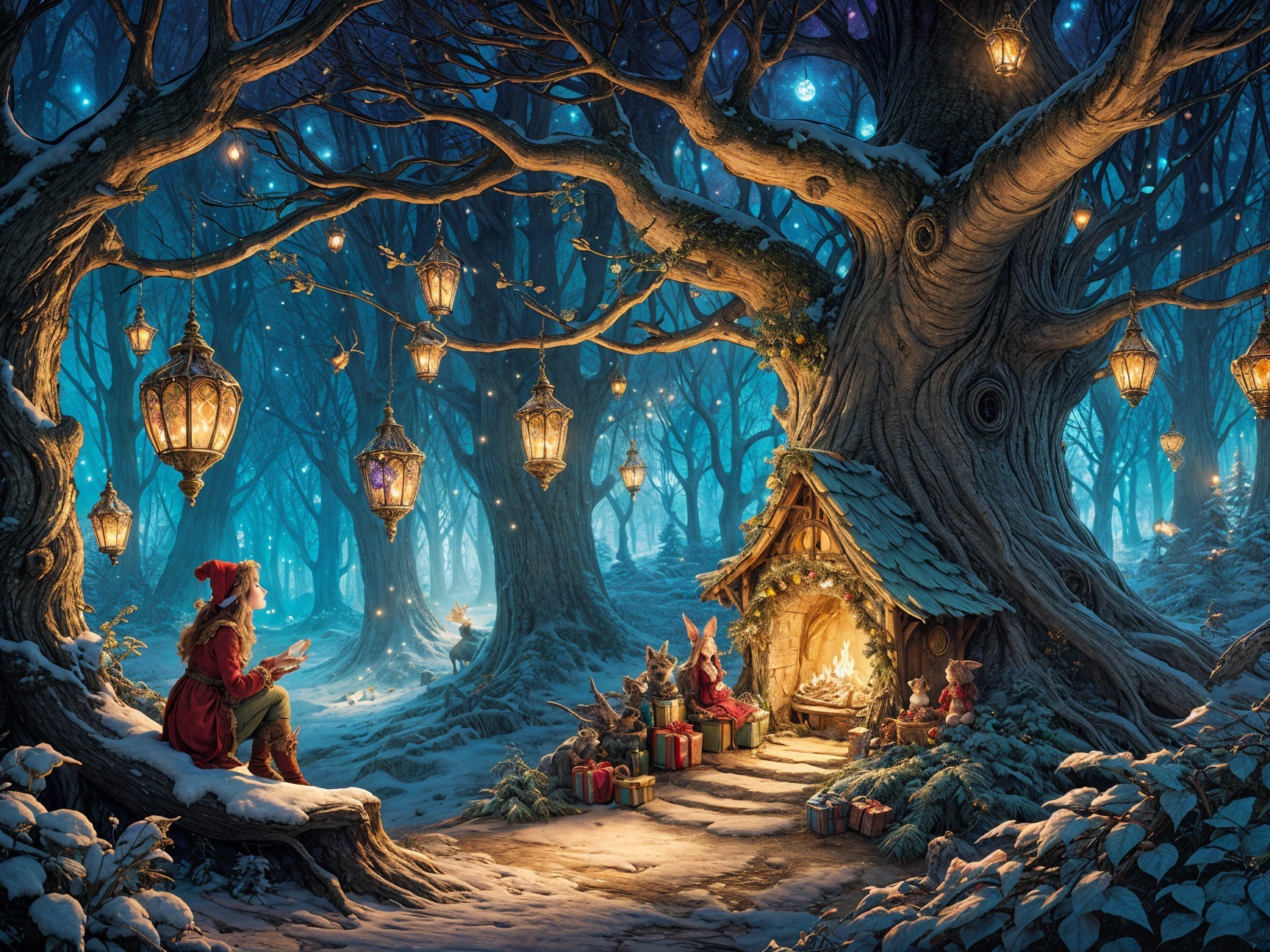 Cozy Cottage in a Snowy Mystical Forest Scene