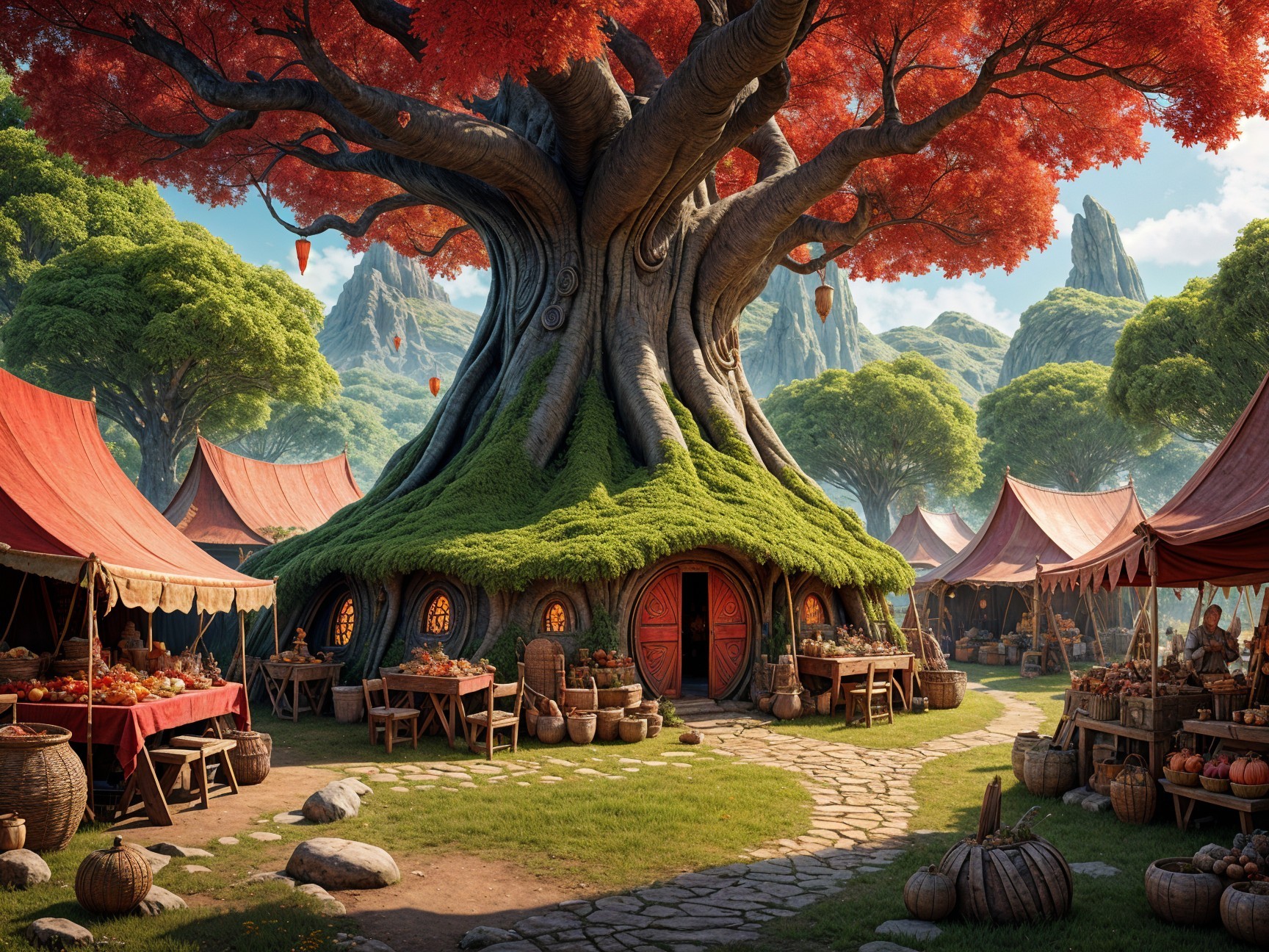 Vibrant Village with Colossal Tree and Marketplace
