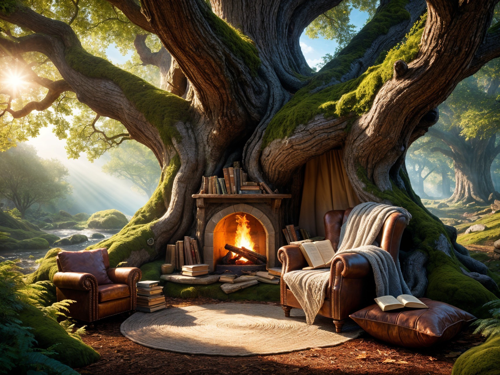 Cozy Reading Nook Inside an Ancient Tree
