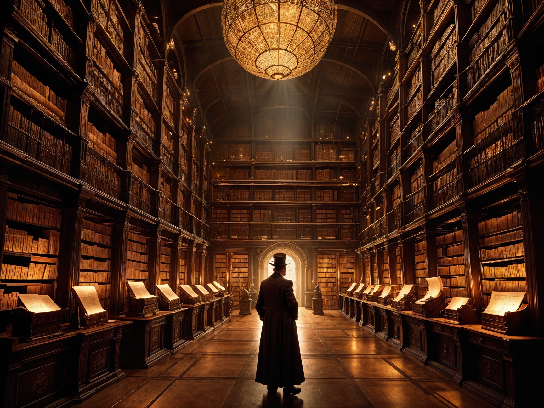 Dimly Lit Library with Ancient Books and Chandelier