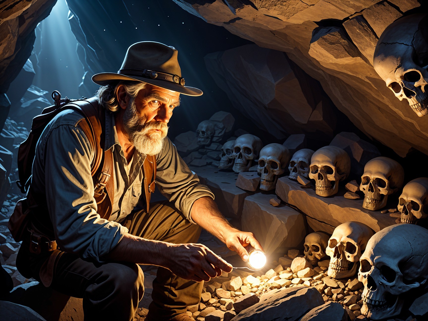 Adventurer Examines Skulls in Dimly Lit Cave