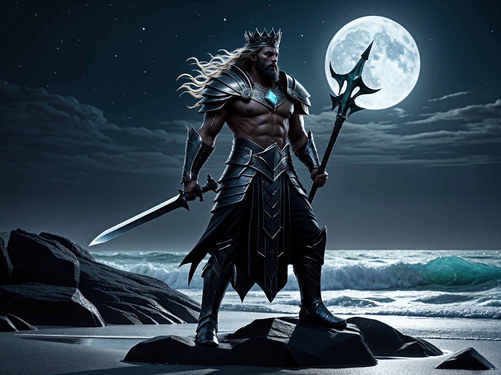 Warrior on Rocky Shoreline Under Full Moonlight