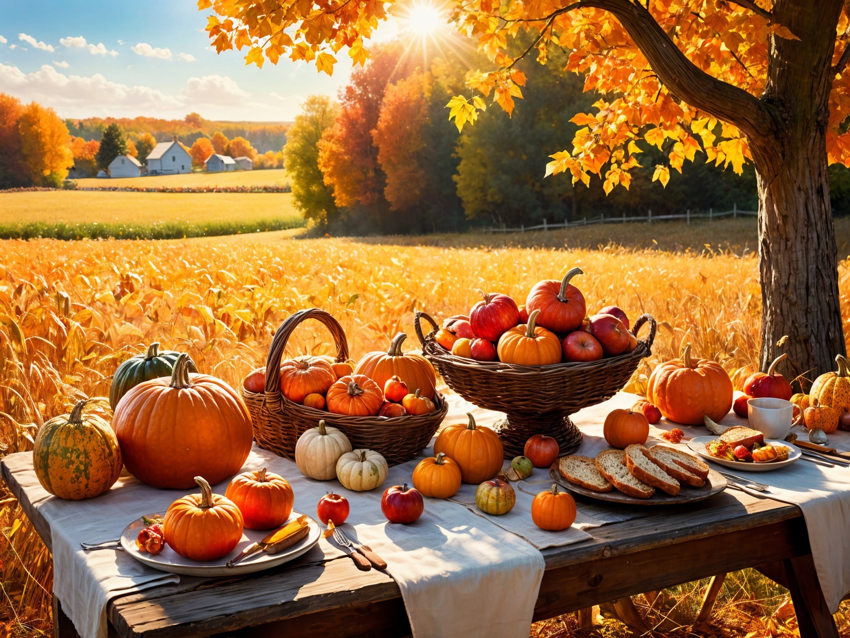Autumn Scene with Pumpkins and Rustic Table Display