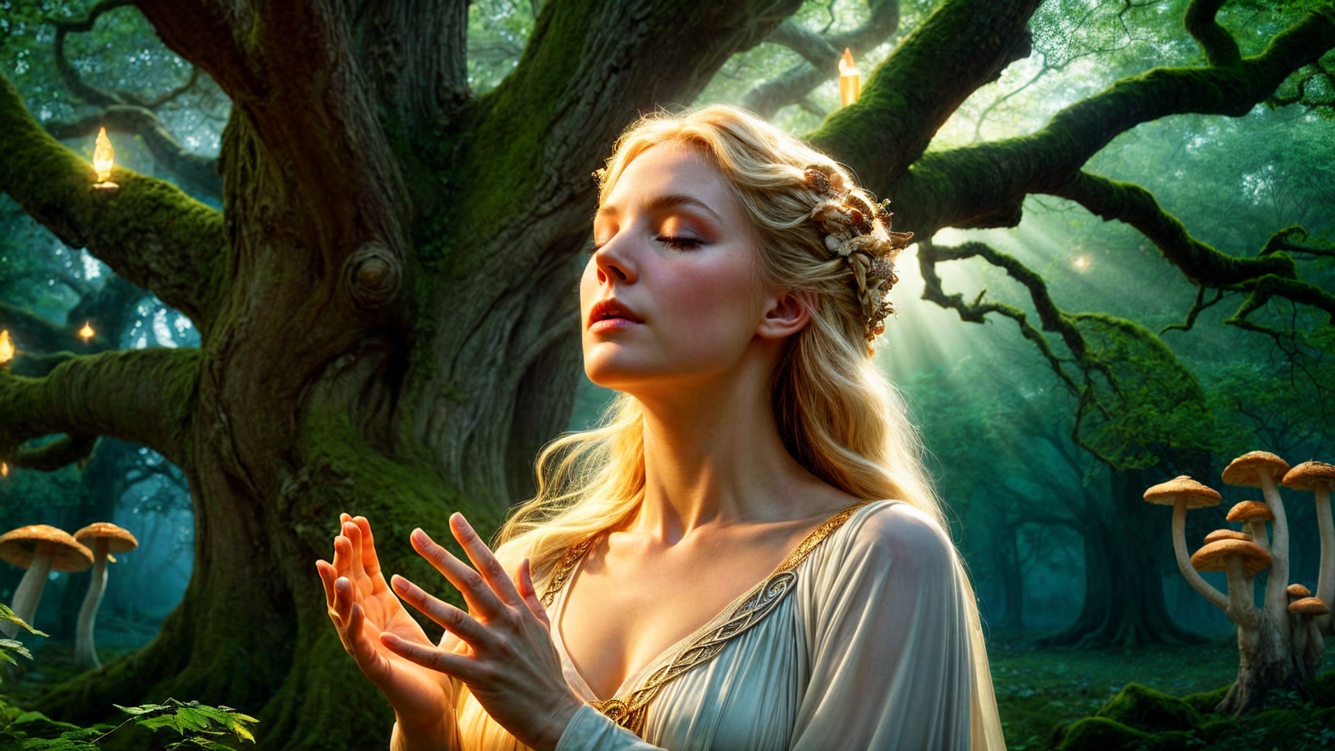 Serene figure in an enchanting forest setting
