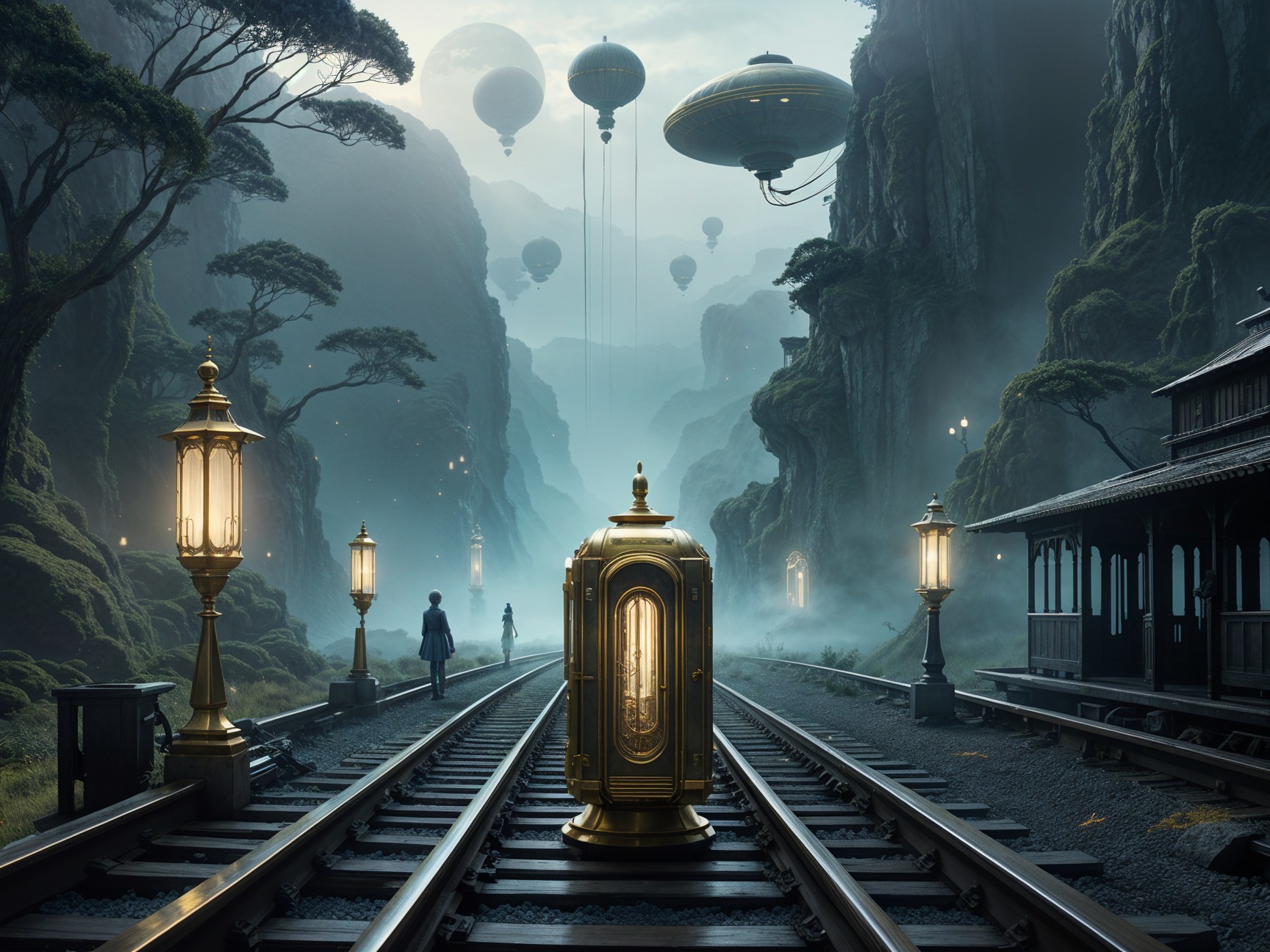 Mystical Landscape with Train Tracks and Airships