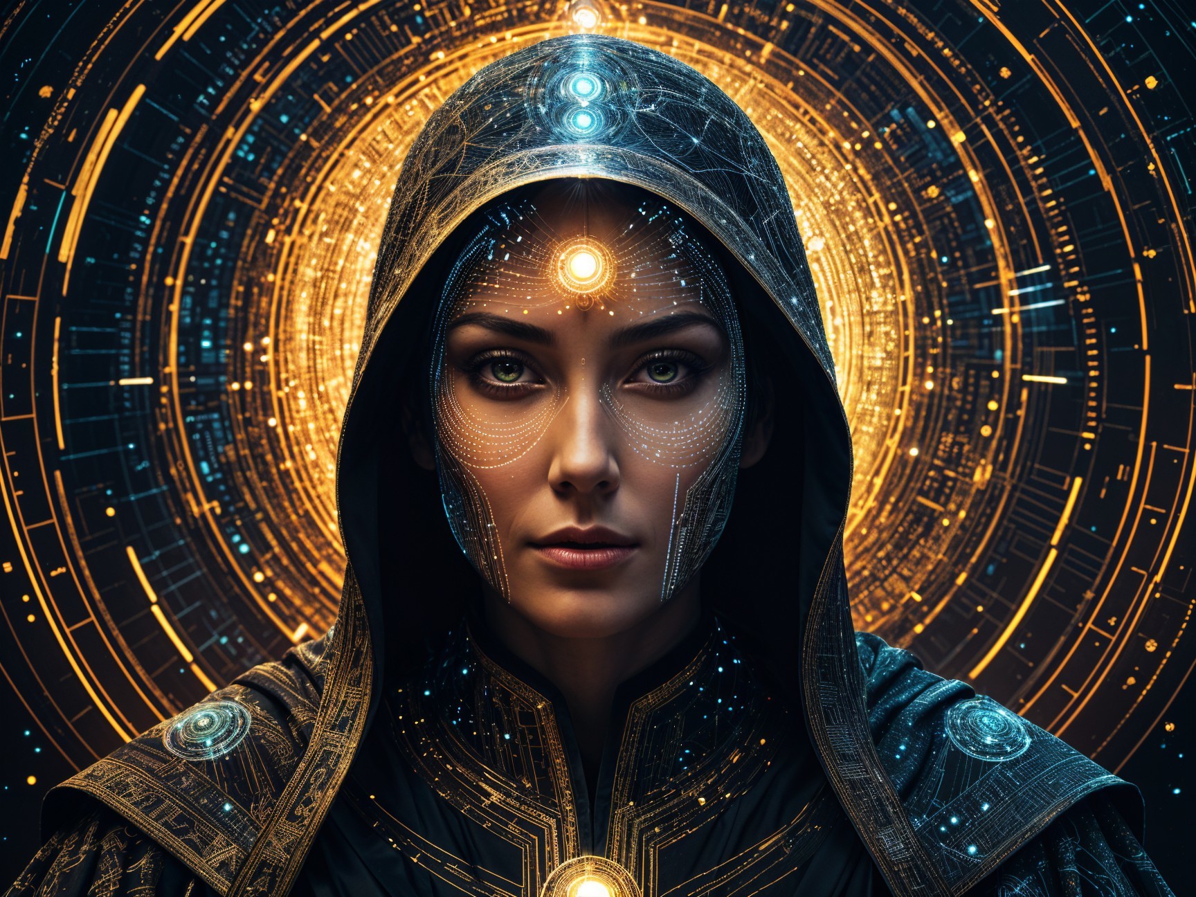 Mystic Figure in Cloak with Cosmic Energy Background