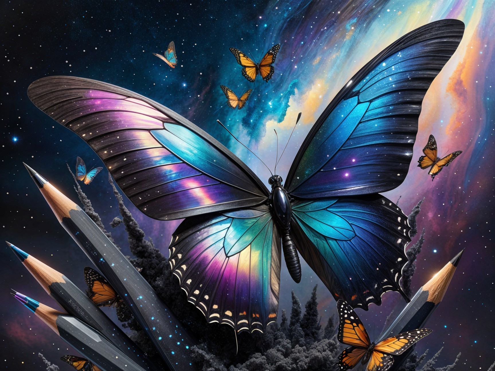 Surreal Scene of Butterflies and Cosmic Background