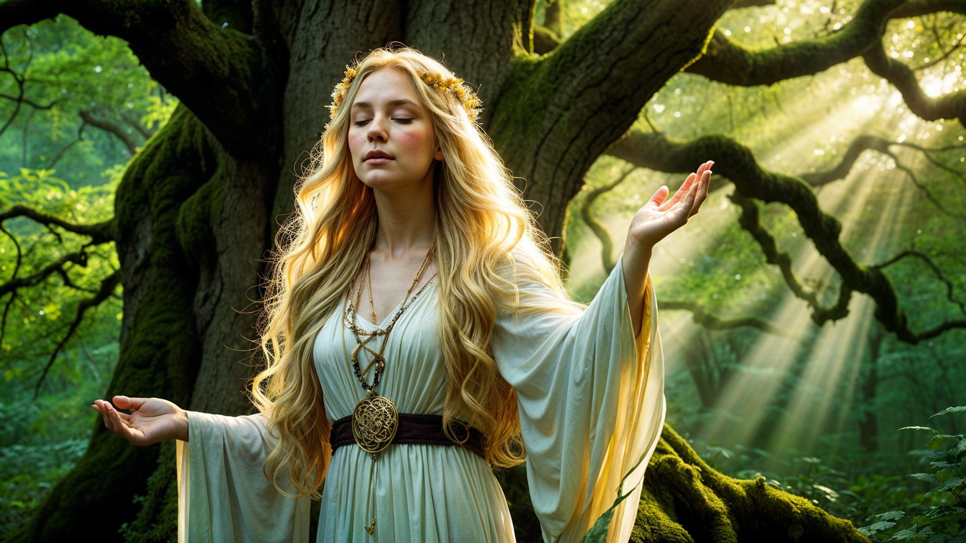 Mystical figure in serene forest with floral crown