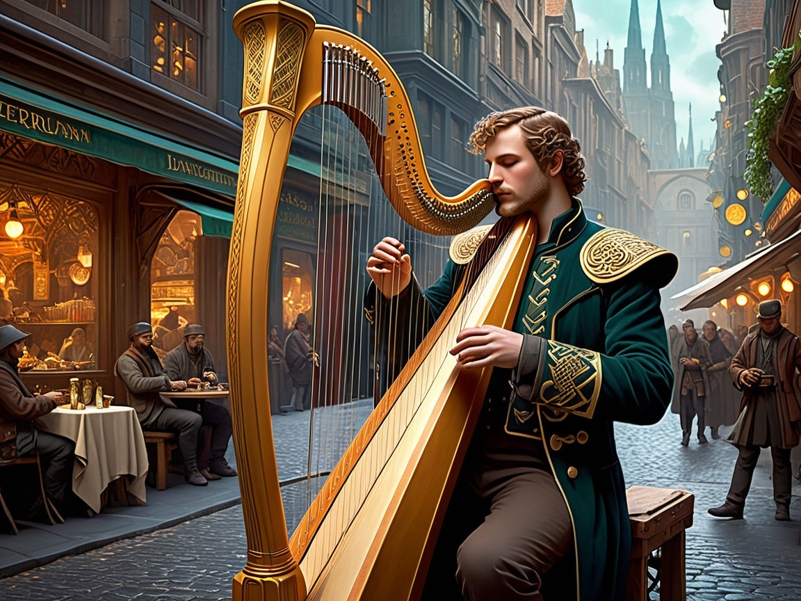 Medieval Street Scene with Harp Music and Taverns