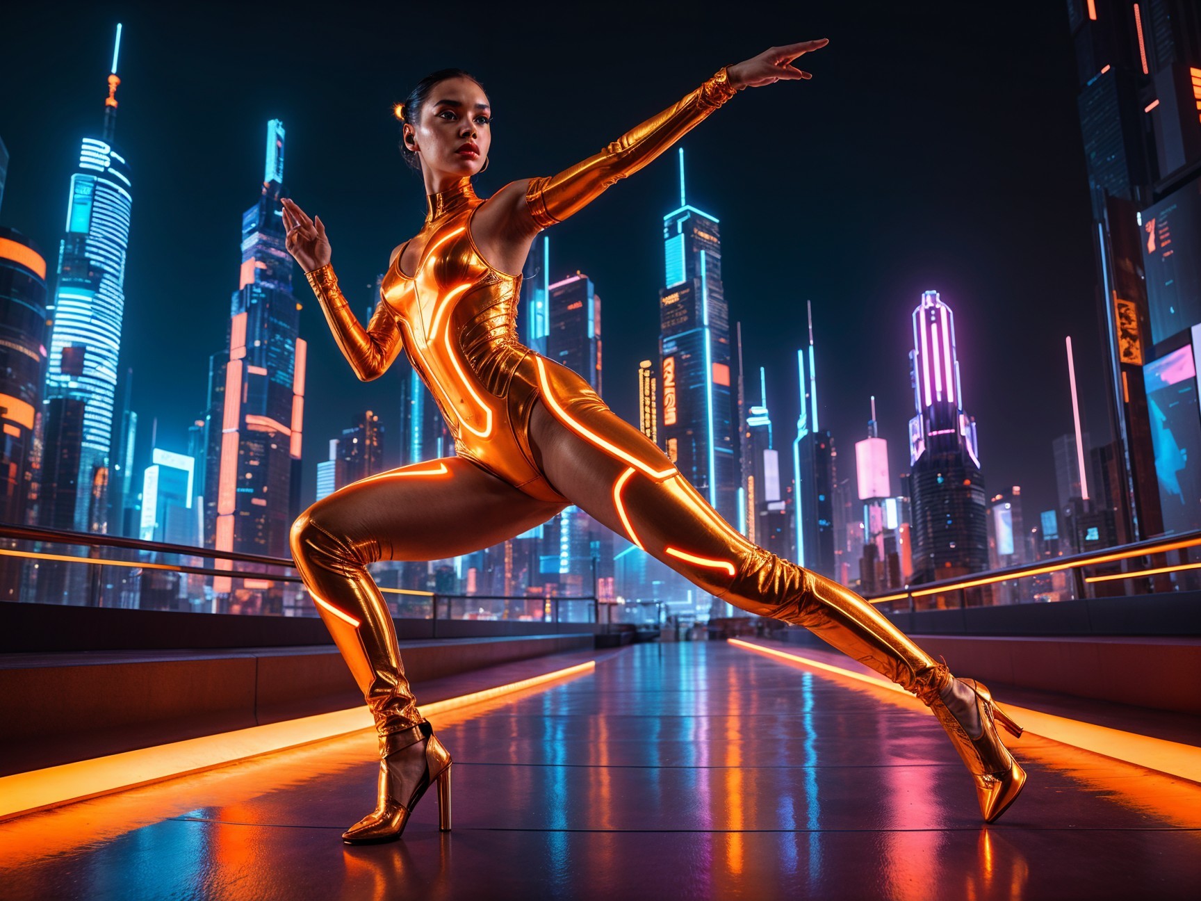 Futuristic Figure in Orange Bodysuit Amid Neon Skyscrapers