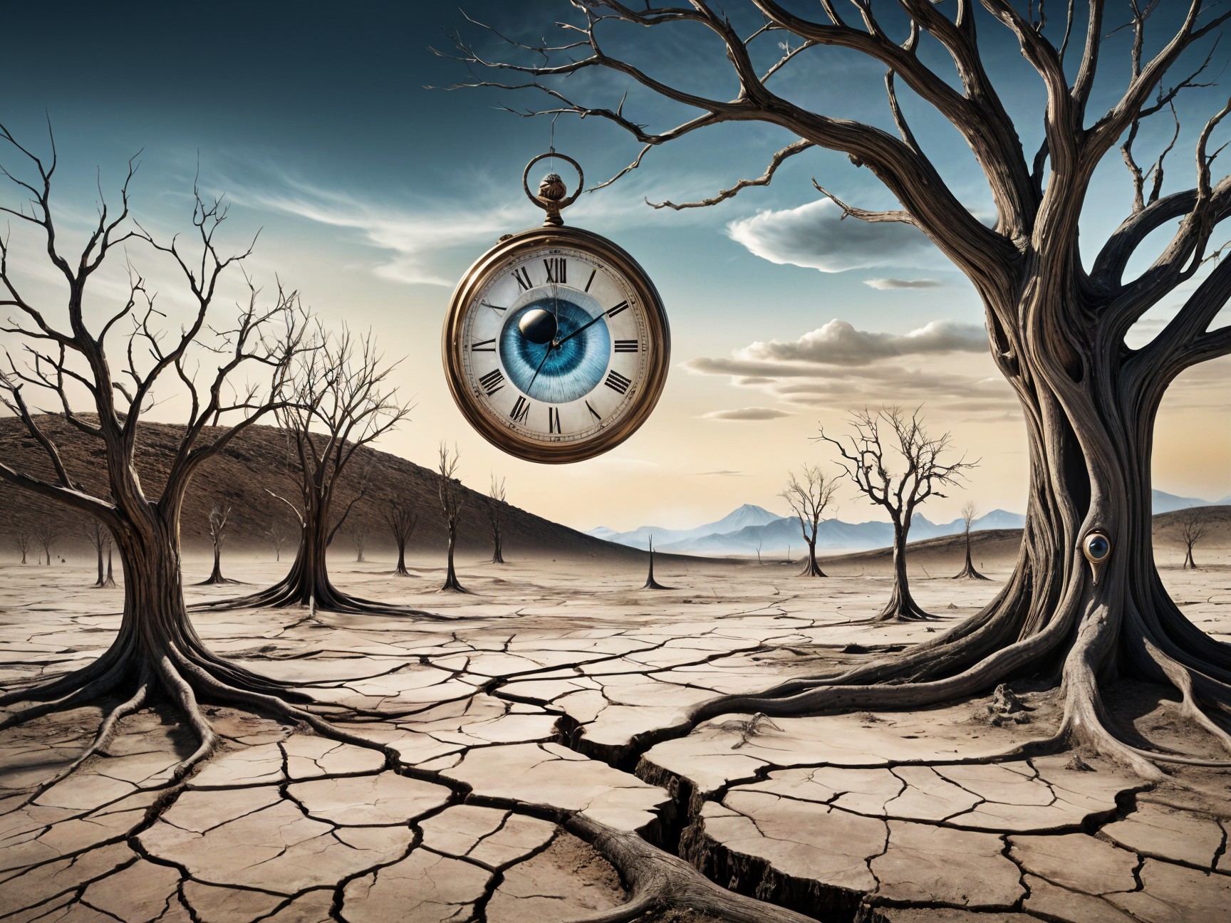Surreal Landscape with Twisted Trees and Pocket Watch