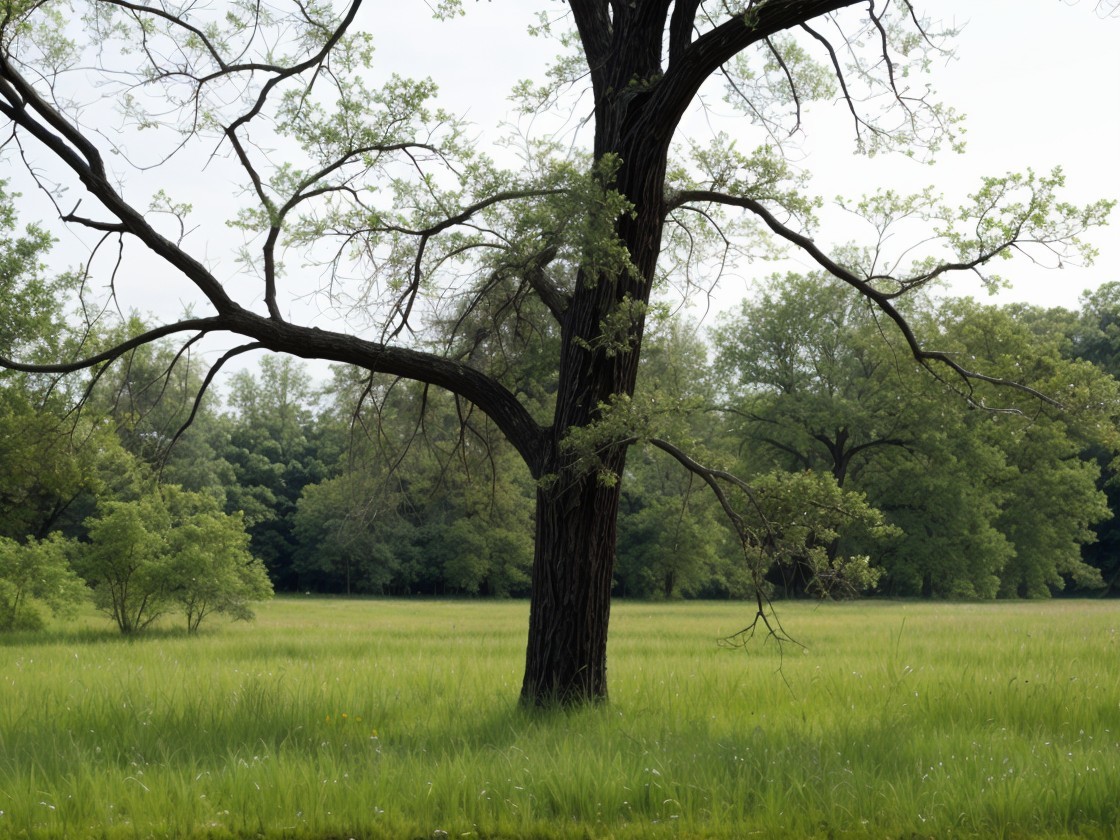 Lush Green Meadow with Majestic Tree and Overcast Sky