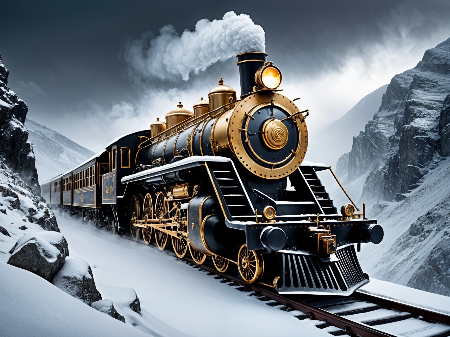 Steam Locomotive in Snowy Mountain Landscape