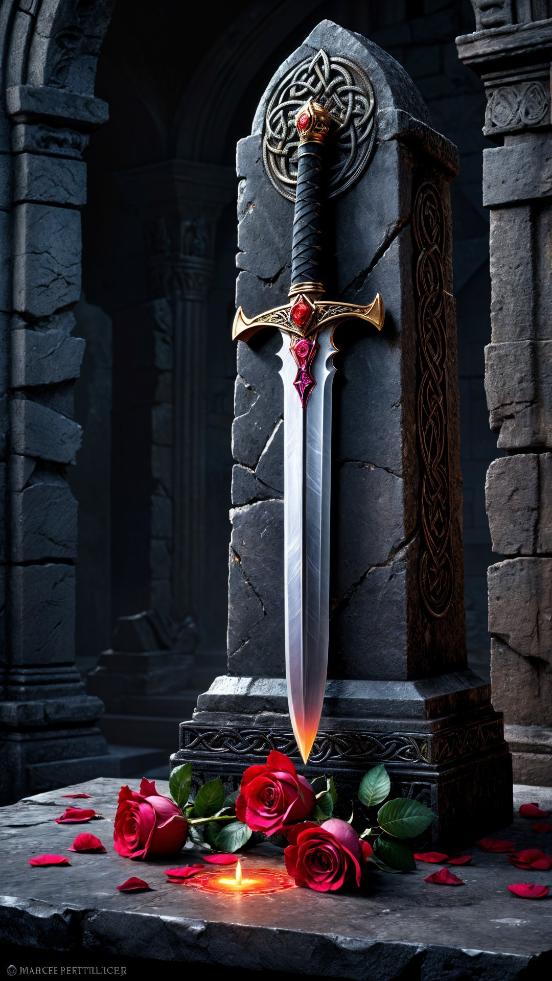 Elegant Sword on Intricate Pedestal with Roses and Candle