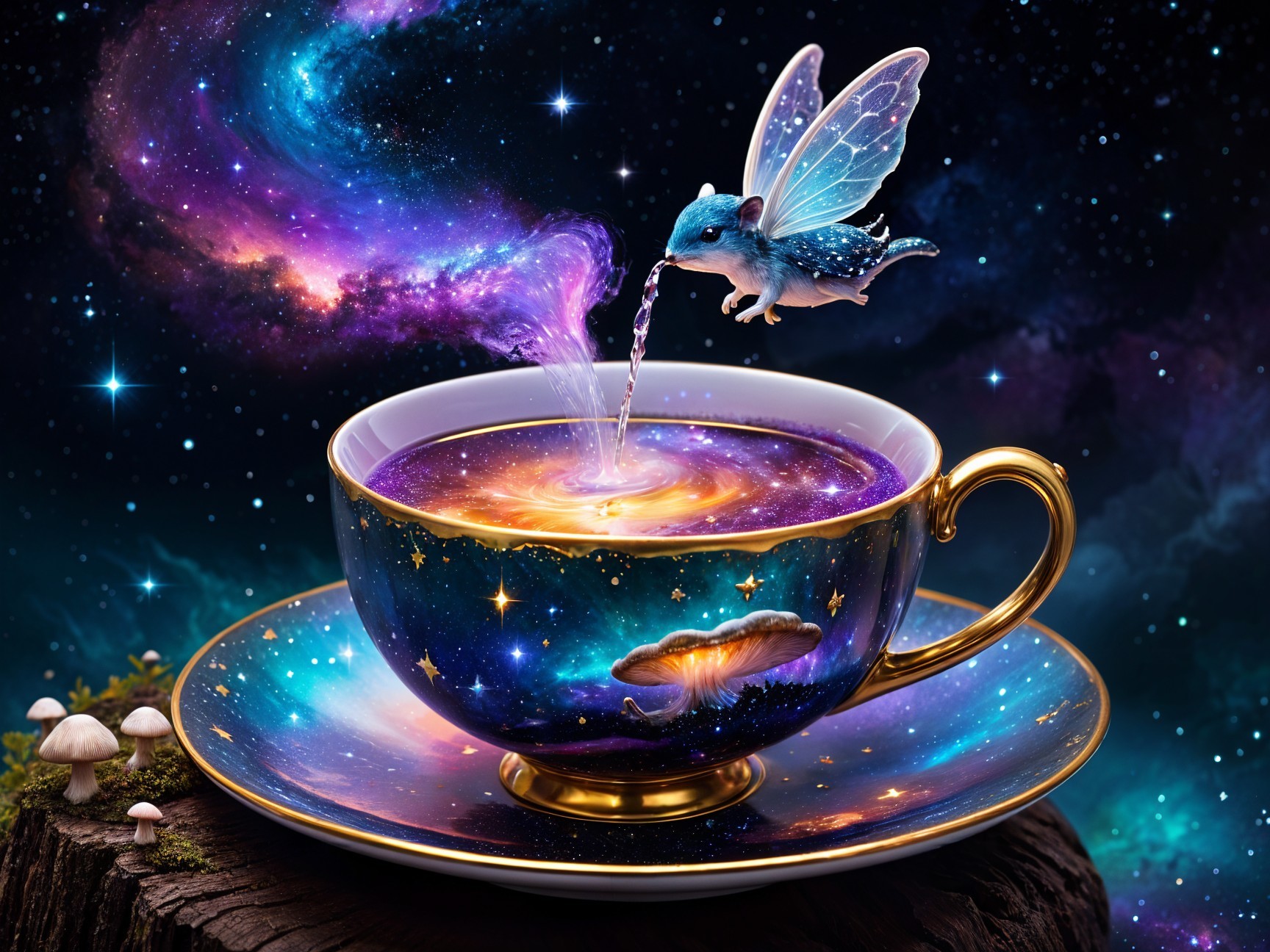Ornate teacup with galaxy and fairy pouring light