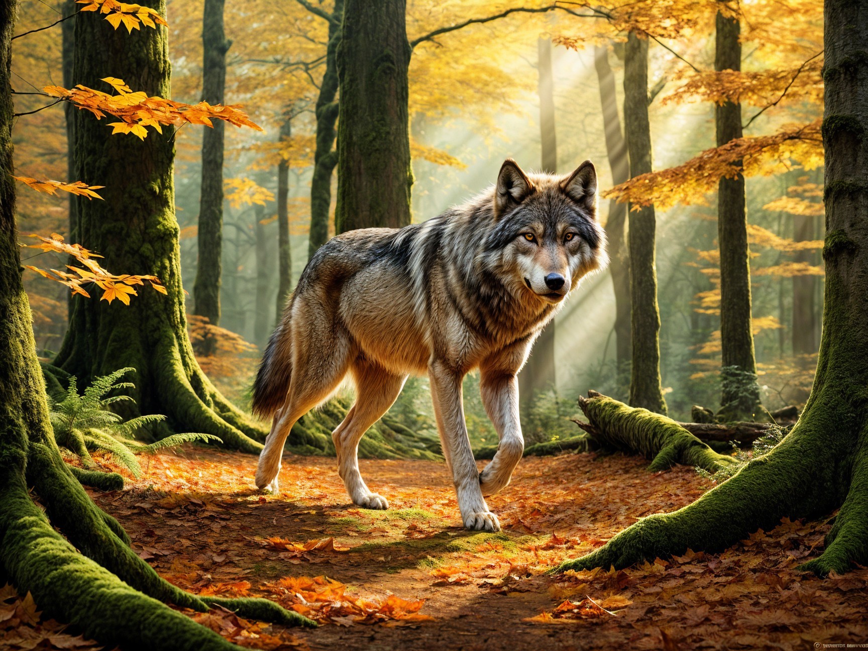 Wolf in Sunlit Forest with Autumn Foliage