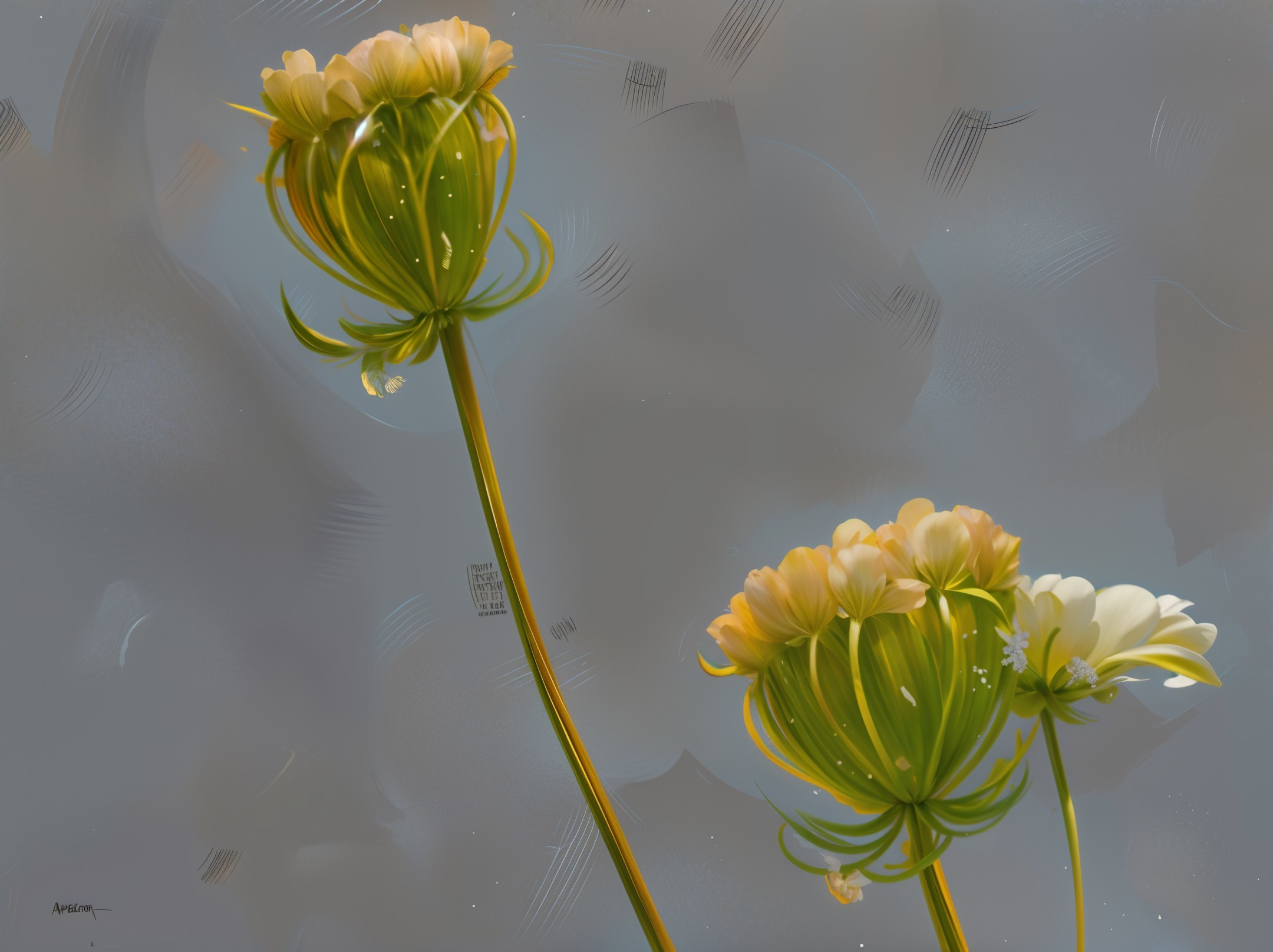 Delicate white flowers with yellow tips on gray backdrop