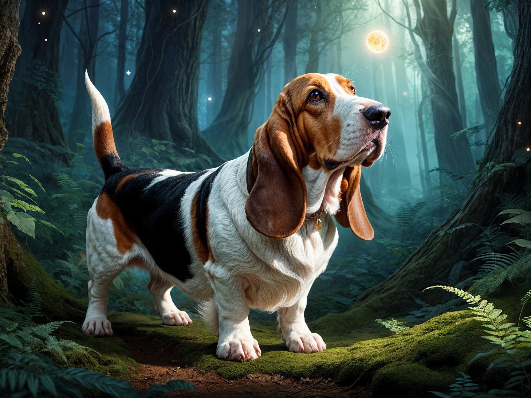 Basset Hound in Enchanted Forest with Glowing Orb
