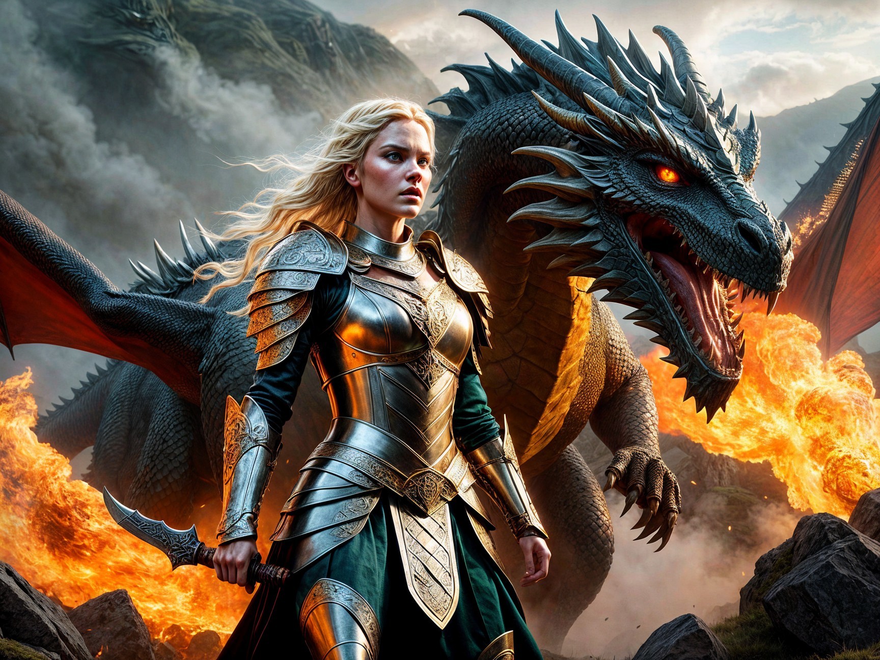 Fierce Warrior Woman with Dragon in Epic Fantasy Scene