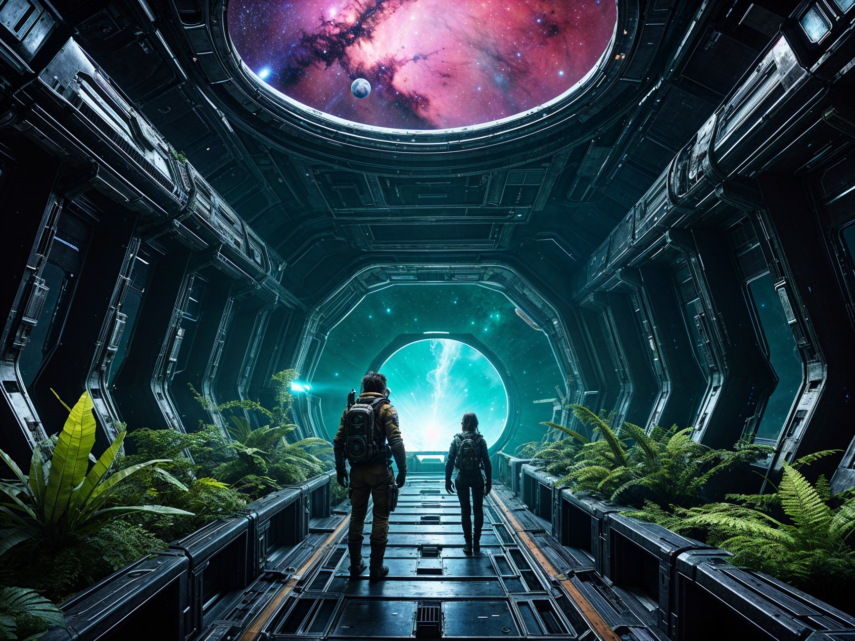 Futuristic Spaceship Corridor with Lush Greenery and Portal