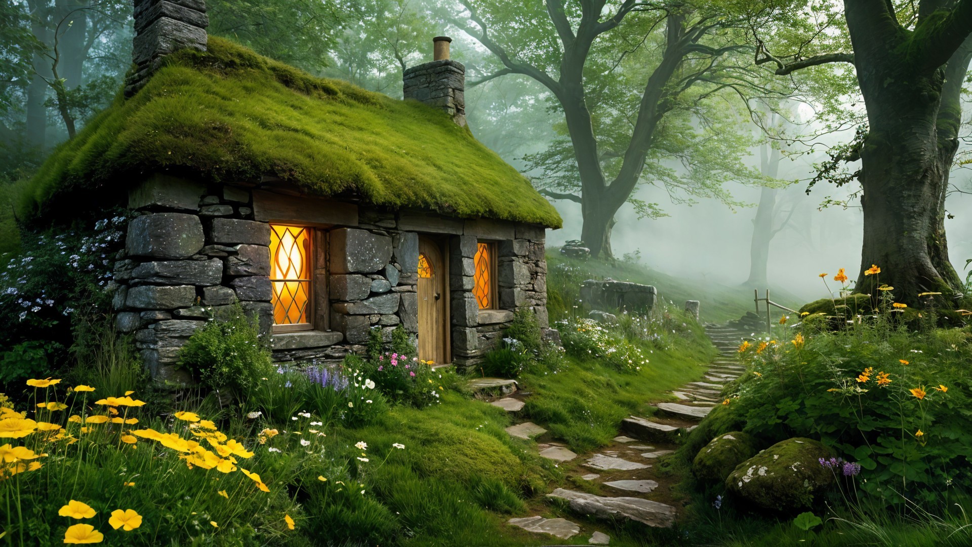 Stone Cottage in Foggy Landscape with Wildflowers