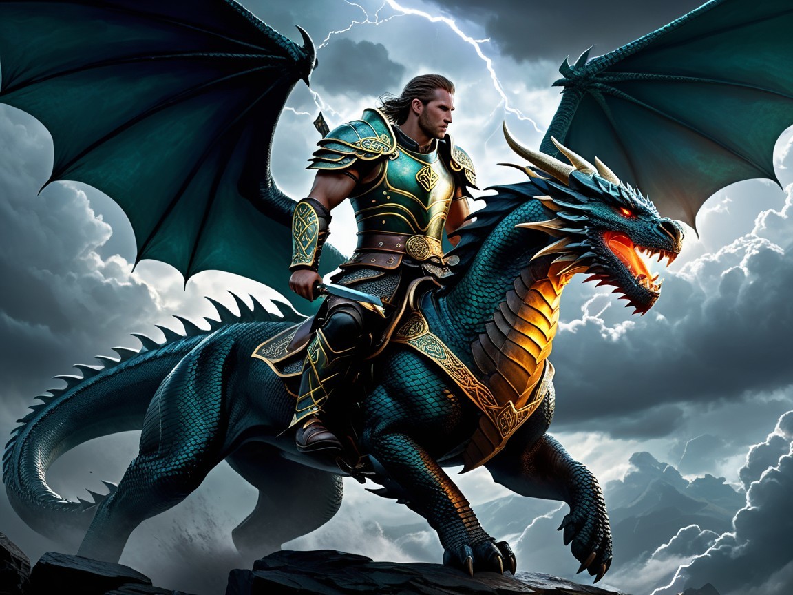 Warrior on Dragon Amidst Stormy Fantasy Landscape