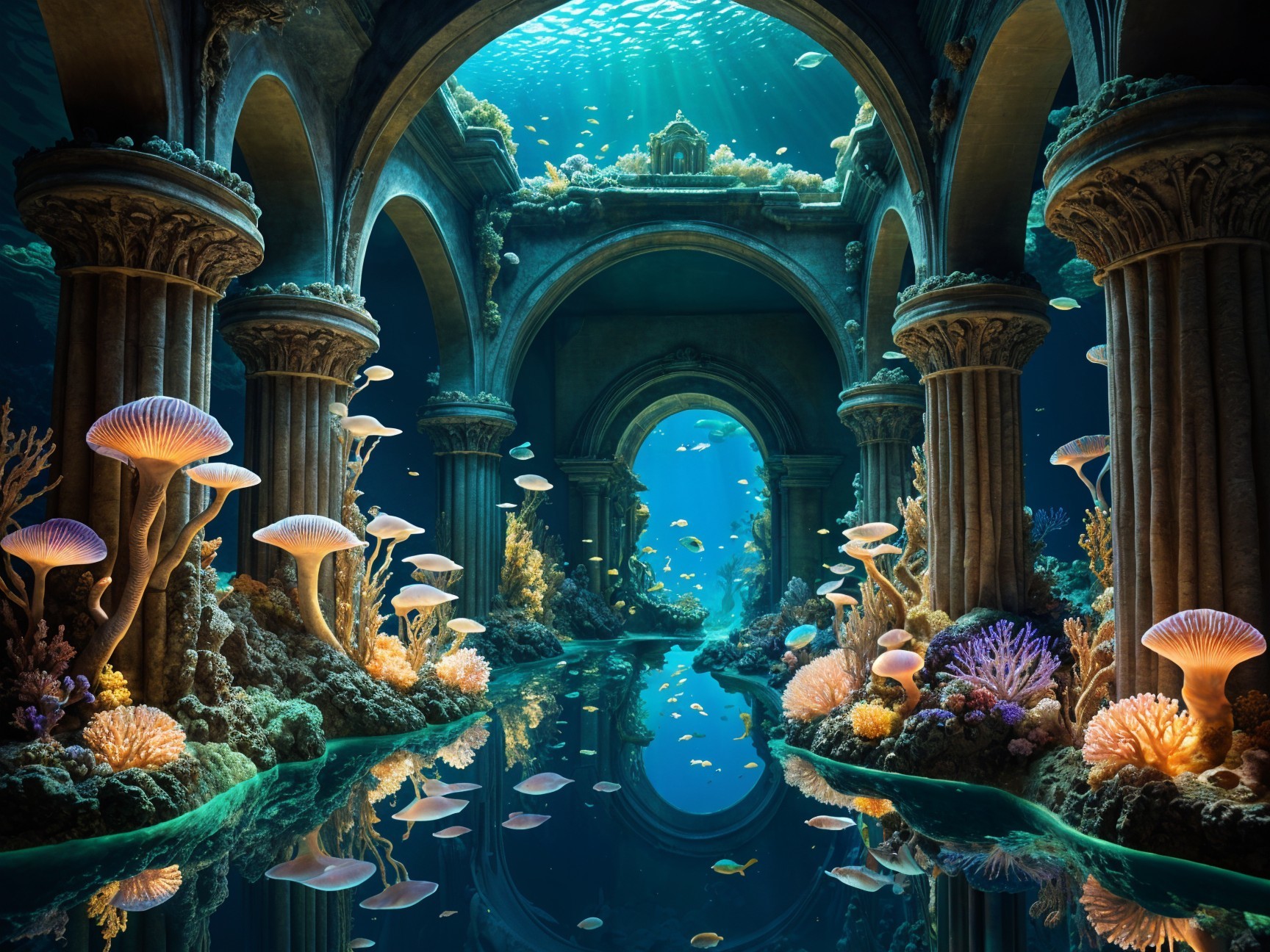Underwater Ruins with Coral Reefs and Jellyfish